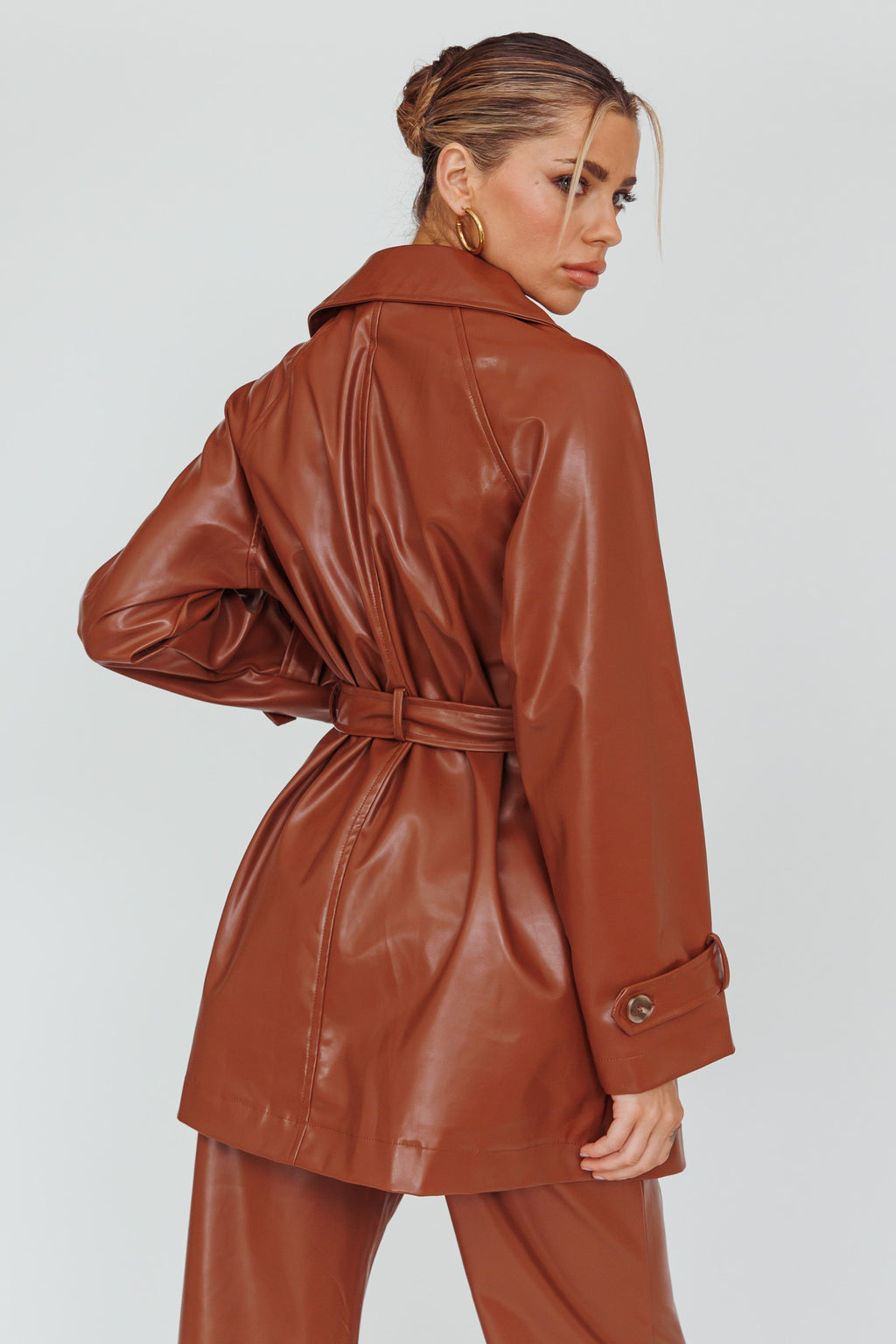 Noa Faux Leather Belted Jacket Terracotta by Selfie Leslie Australia