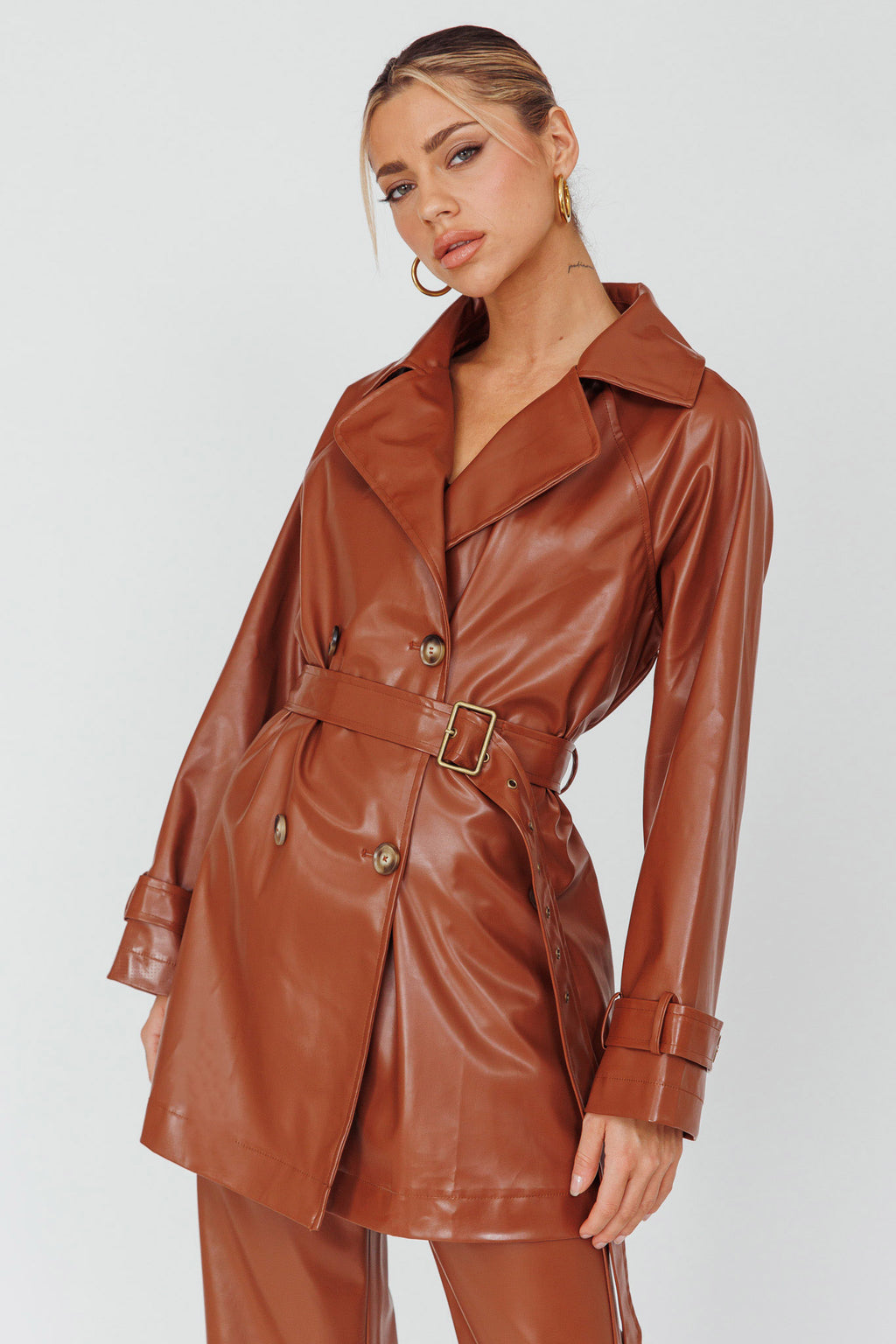 Noa Faux Leather Belted Jacket Terracotta by Selfie Leslie Australia