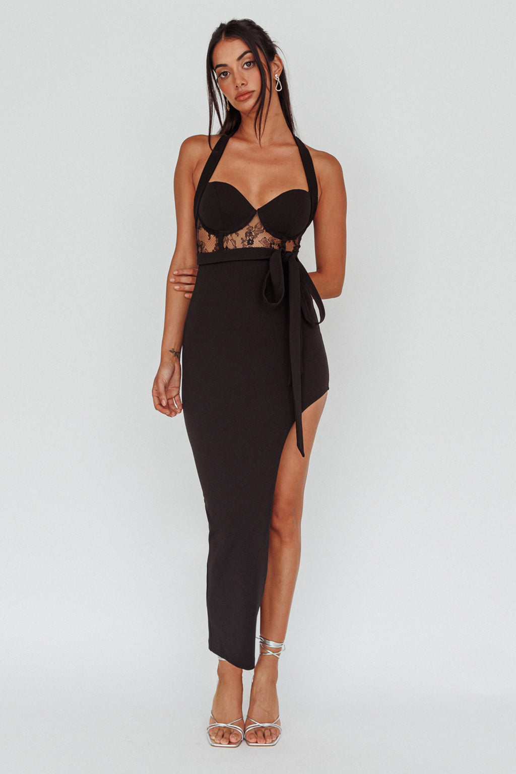 Jonetta Lace Insert Halterneck Midi Dress Black by Selfie Leslie Australia
