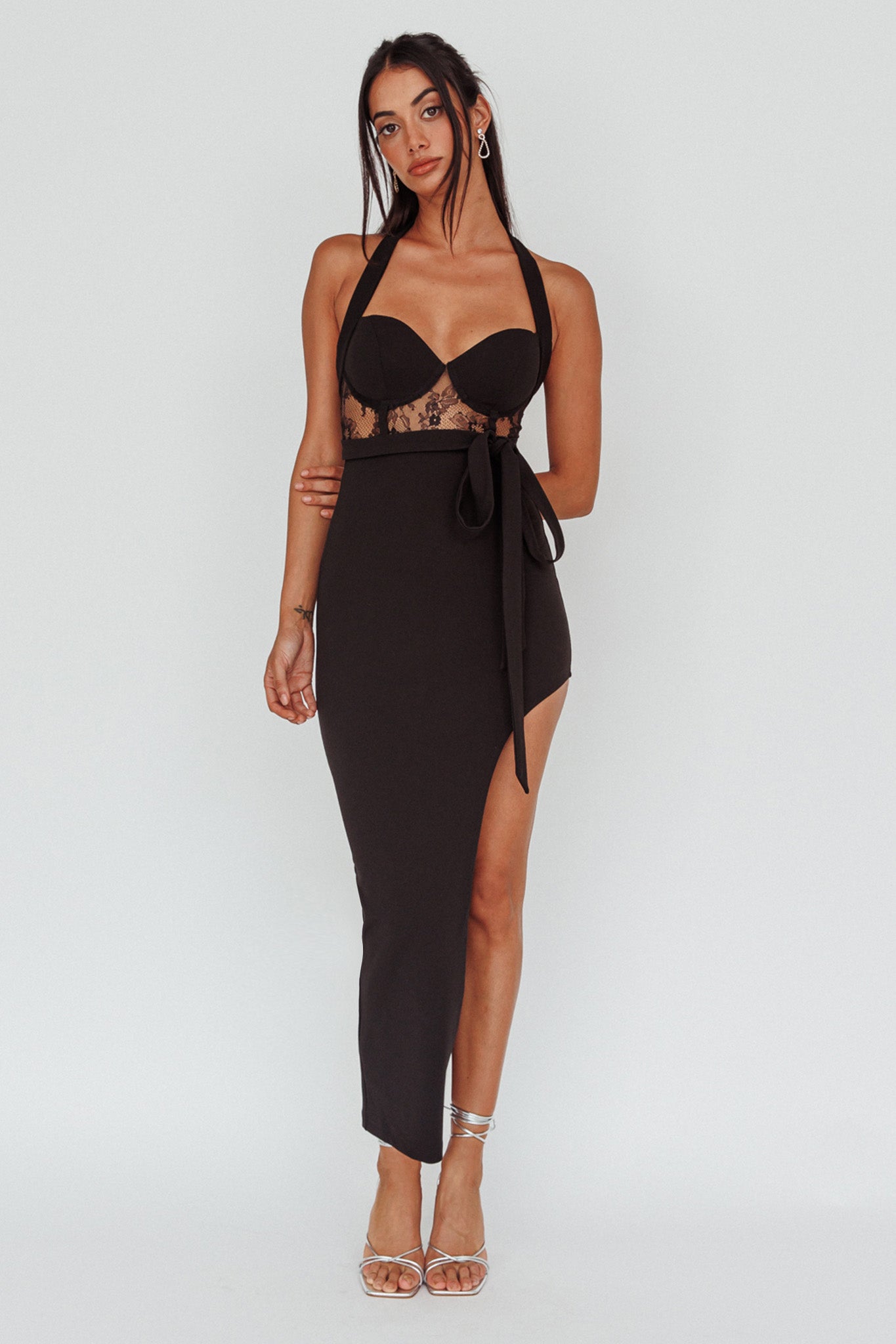 Jonetta Lace Insert Halterneck Midi Dress Black by Selfie Leslie Australia