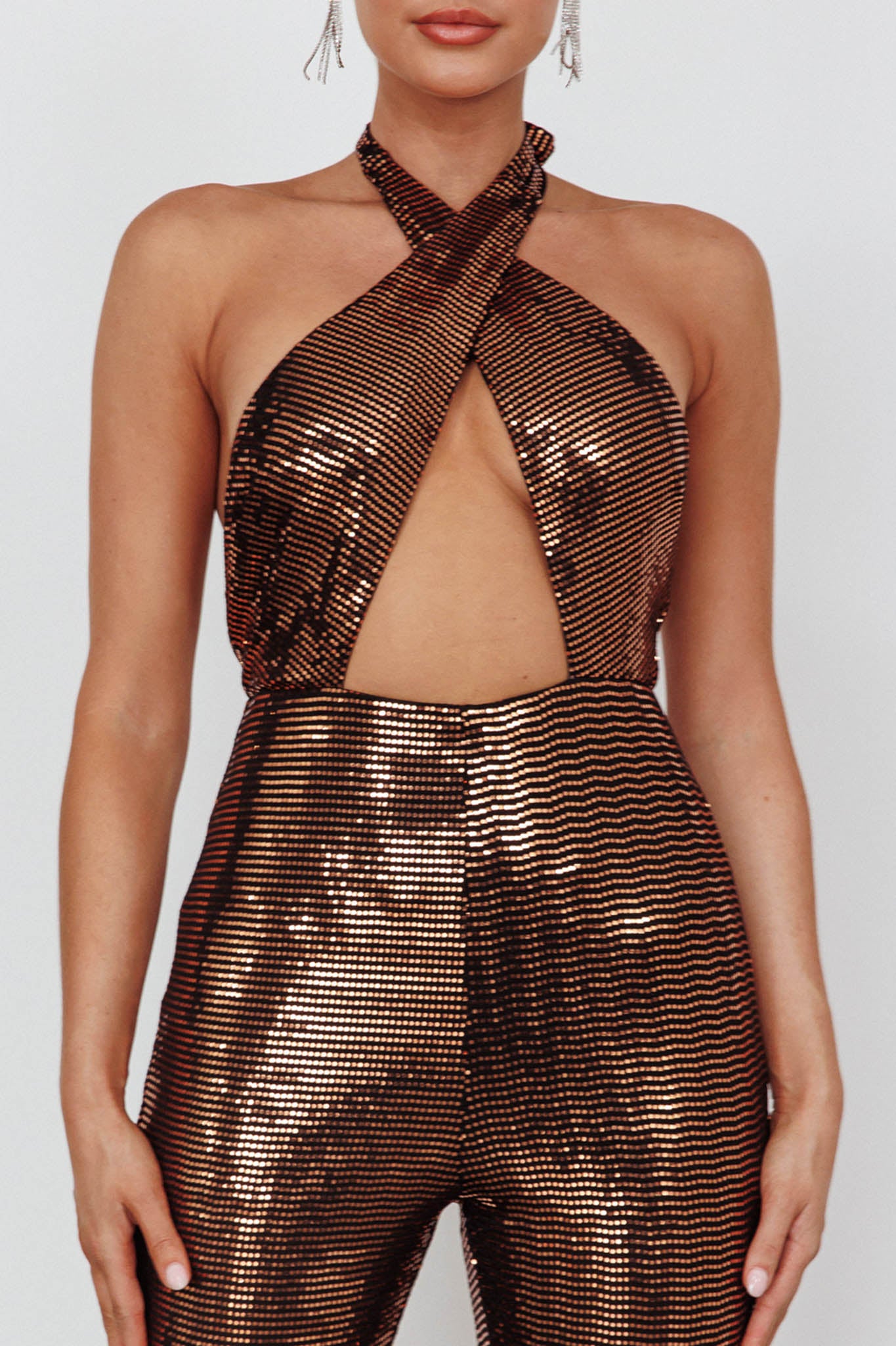 Moon In Leo Halterneck Jumpsuit Bronze by Selfie Leslie Australia