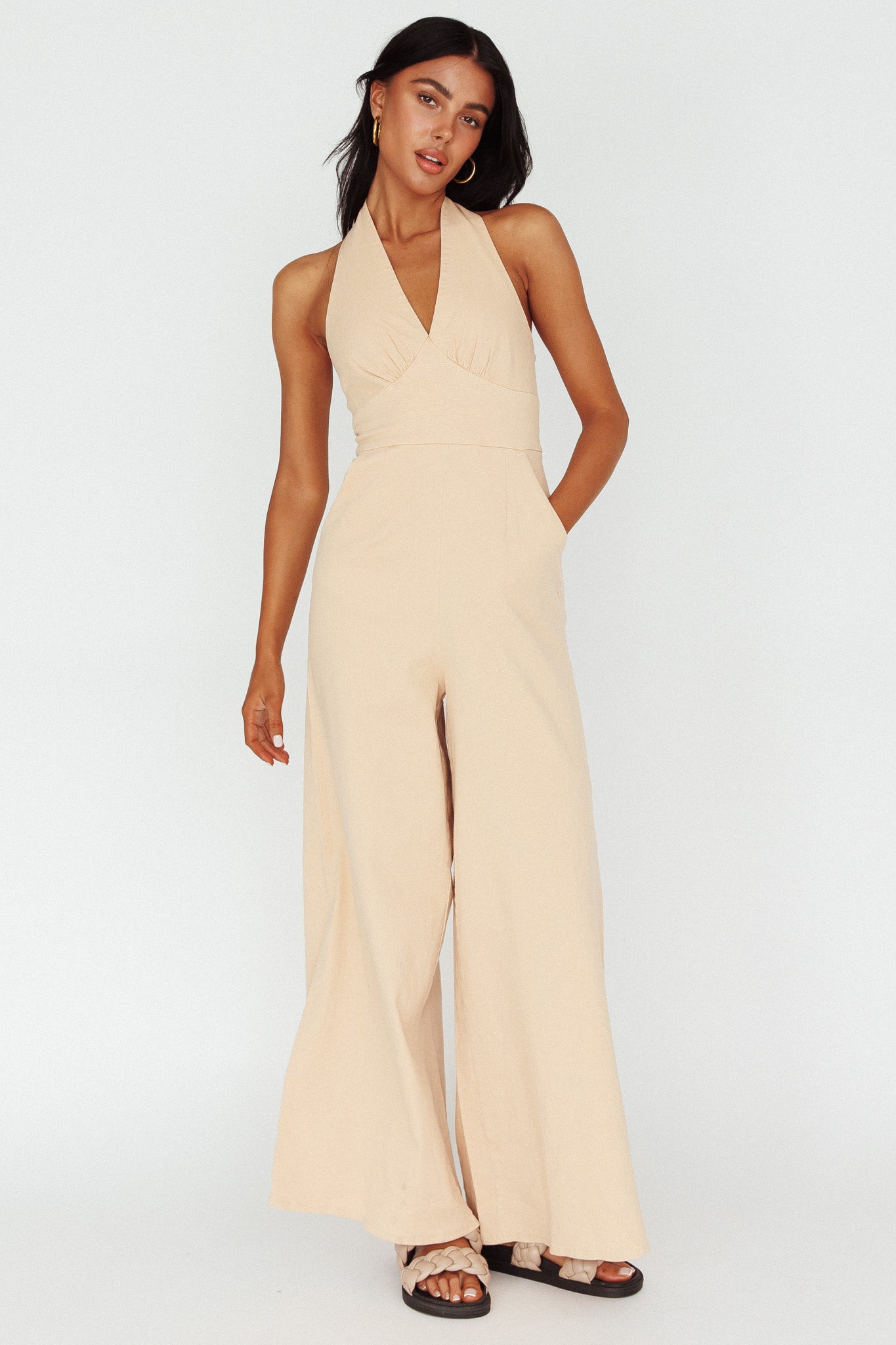 Hilaria Halterneck Jumpsuit Beige by Selfie Leslie Australia