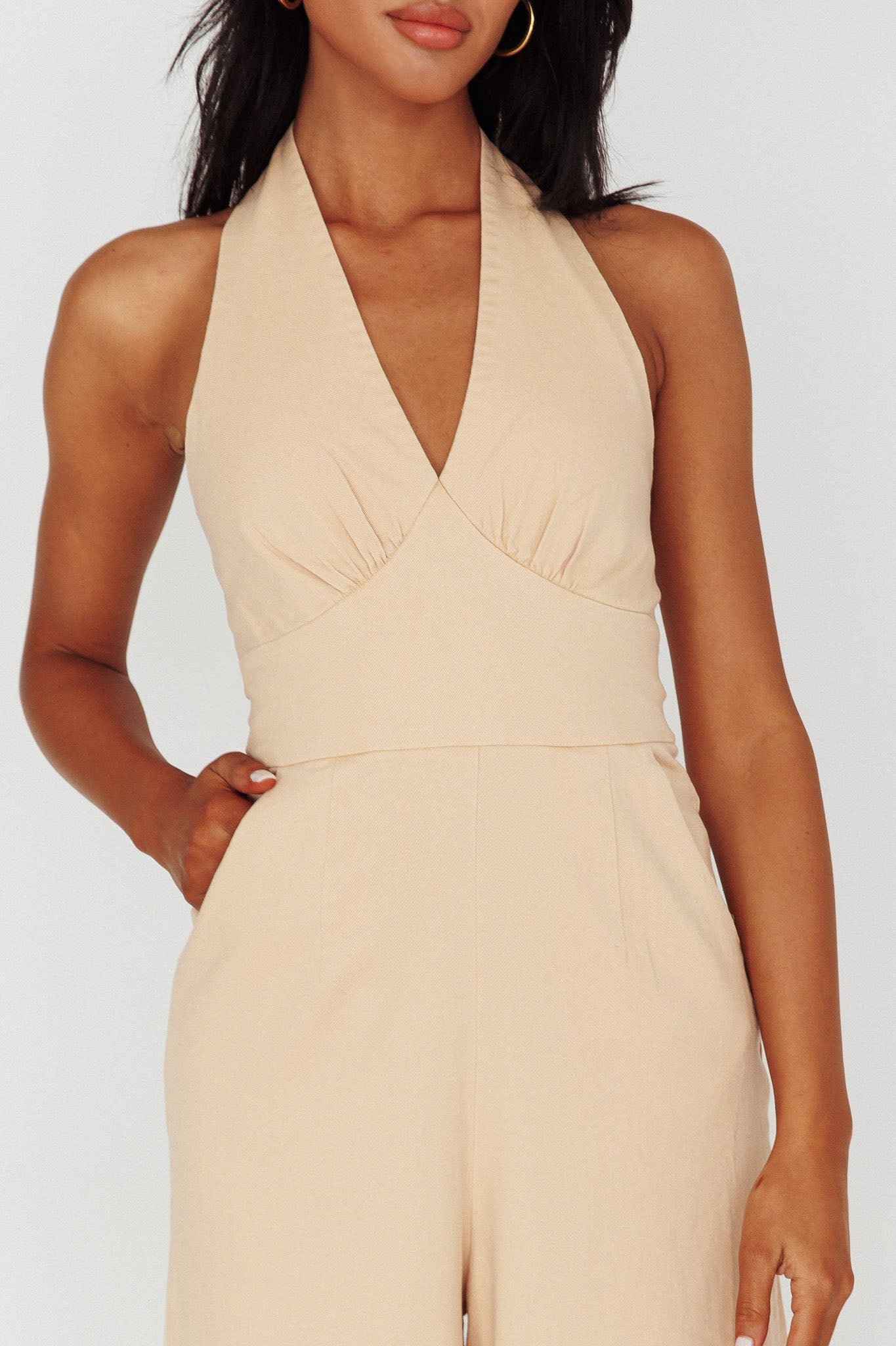 Hilaria Halterneck Jumpsuit Beige by Selfie Leslie Australia