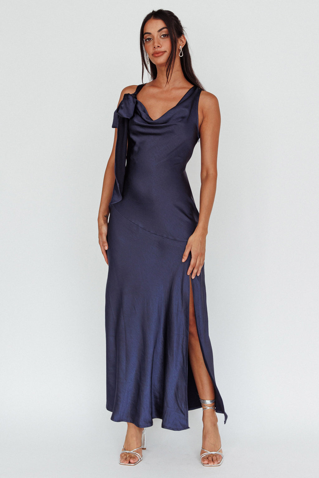 Averie Bow Shoulder Split Midi Dress Navy by Selfie Leslie Australia
