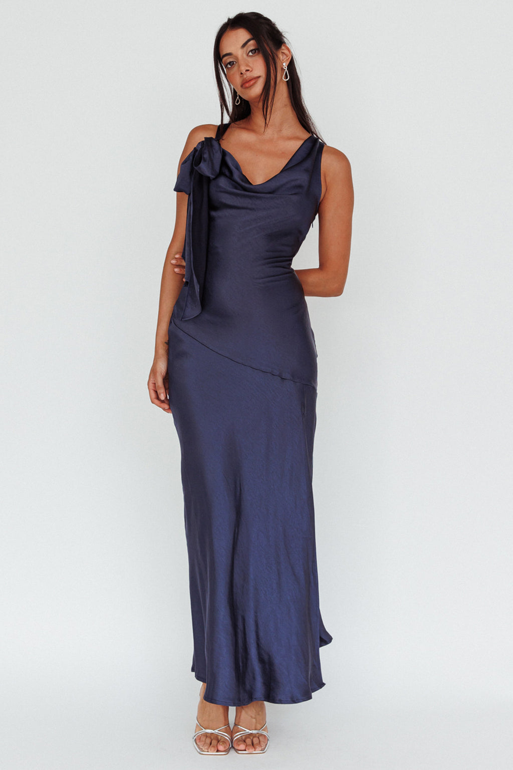 Averie Bow Shoulder Split Midi Dress Navy by Selfie Leslie Australia