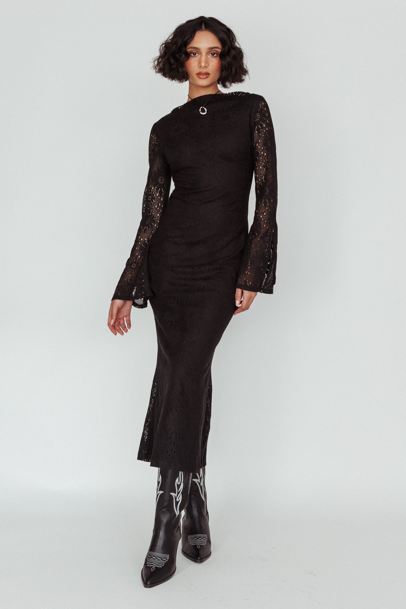 Kalia Long Sleeve Lace Midi Dress Black by Selfie Leslie Australia