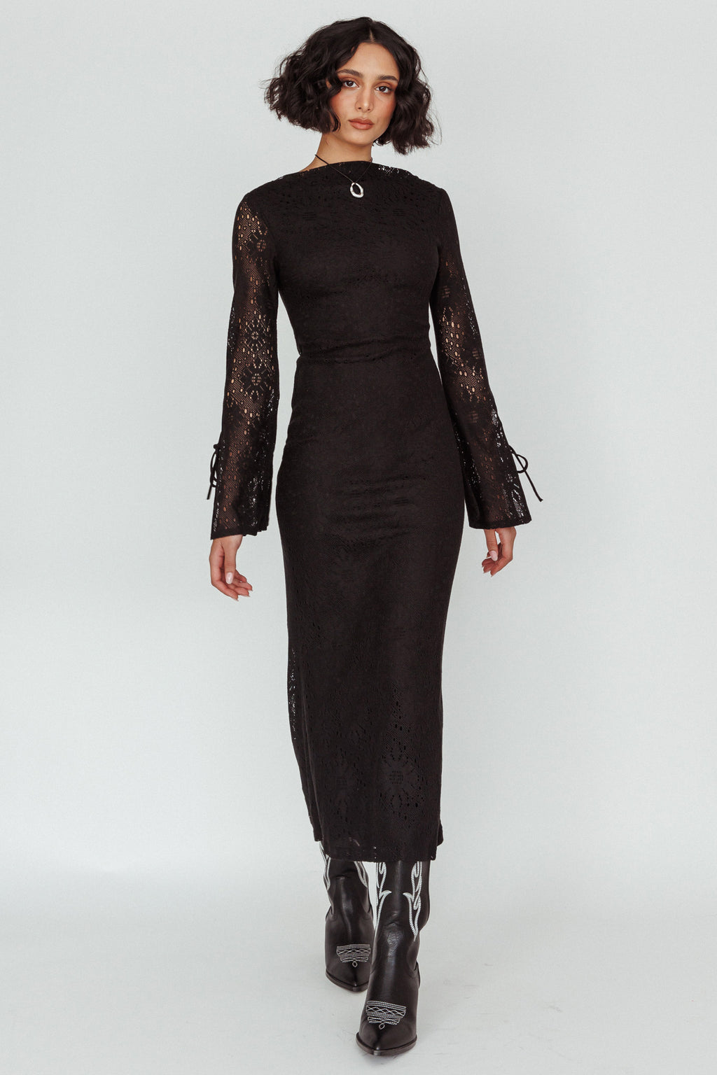 Kalia Long Sleeve Lace Midi Dress Black by Selfie Leslie Australia
