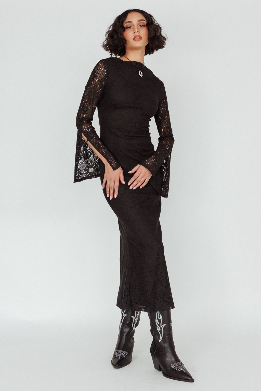 Kalia Long Sleeve Lace Midi Dress Black by Selfie Leslie Australia
