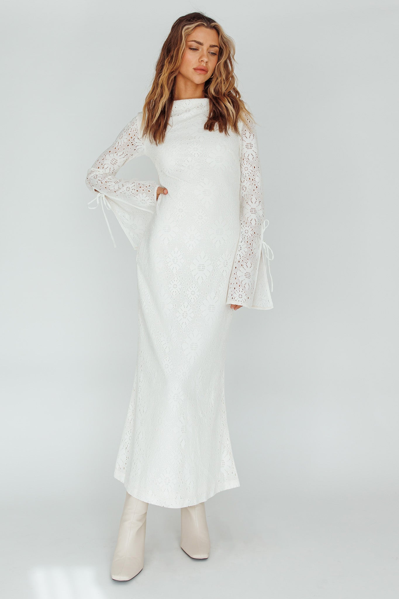 Kalia Long Sleeve Lace Midi Dress Cream by Selfie Leslie Australia