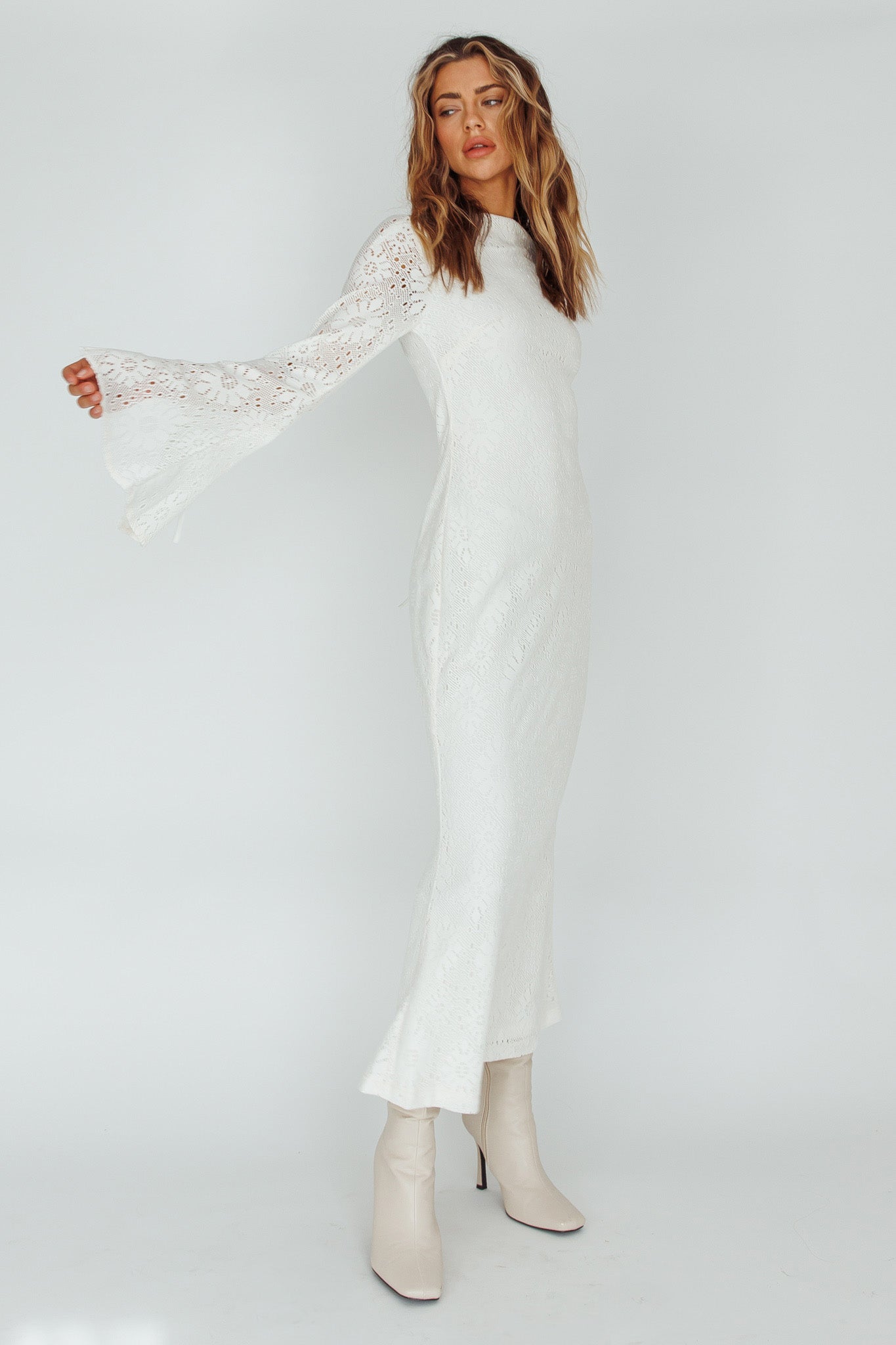 Kalia Long Sleeve Lace Midi Dress Cream by Selfie Leslie Australia