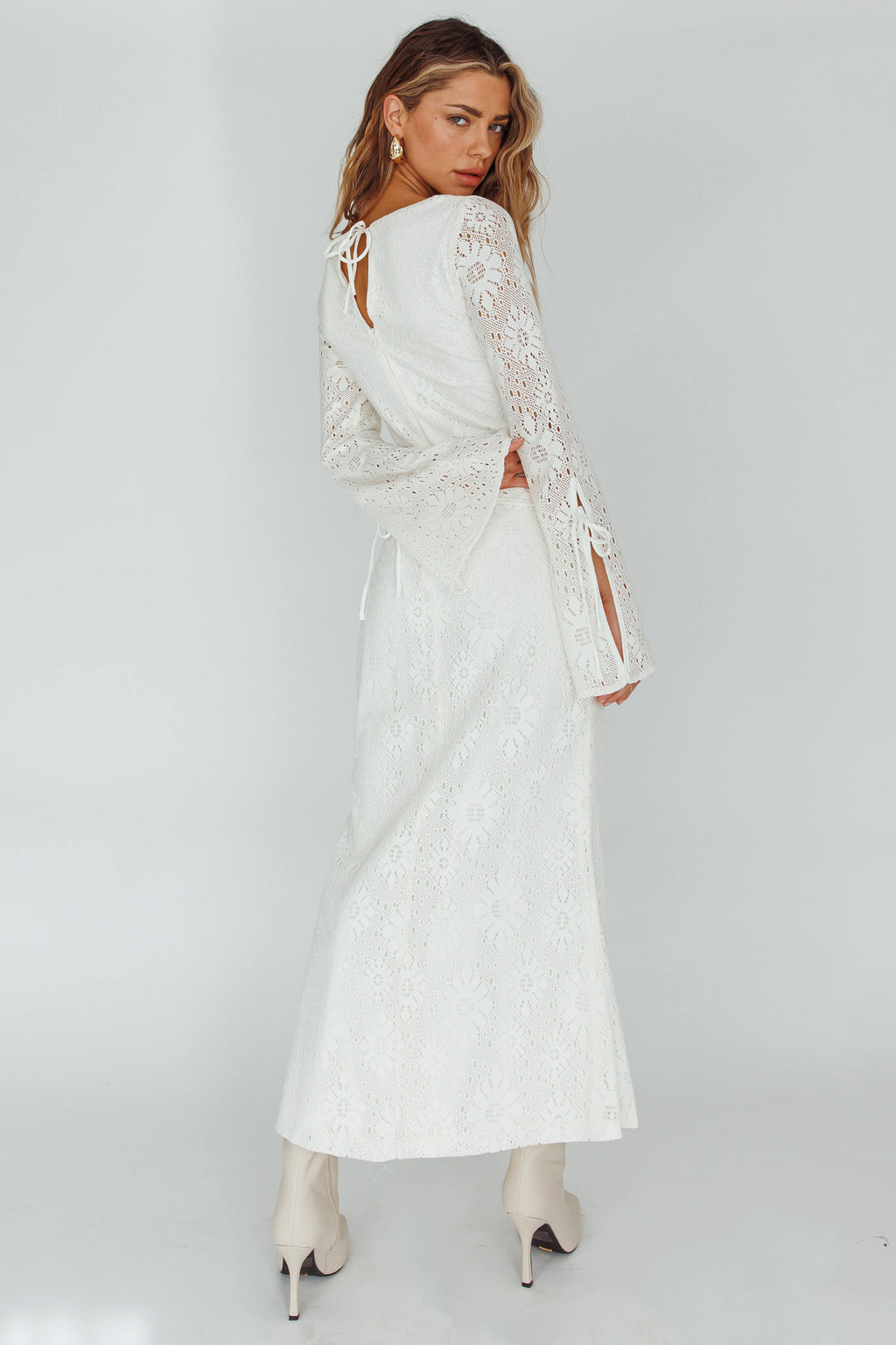 Kalia Long Sleeve Lace Midi Dress Cream by Selfie Leslie Australia