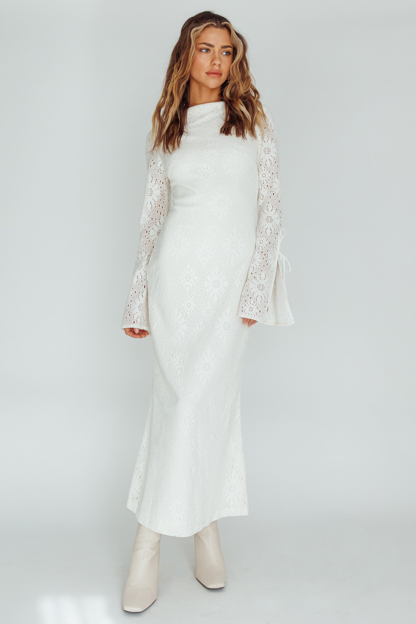 Kalia Long Sleeve Lace Midi Dress Cream by Selfie Leslie Australia