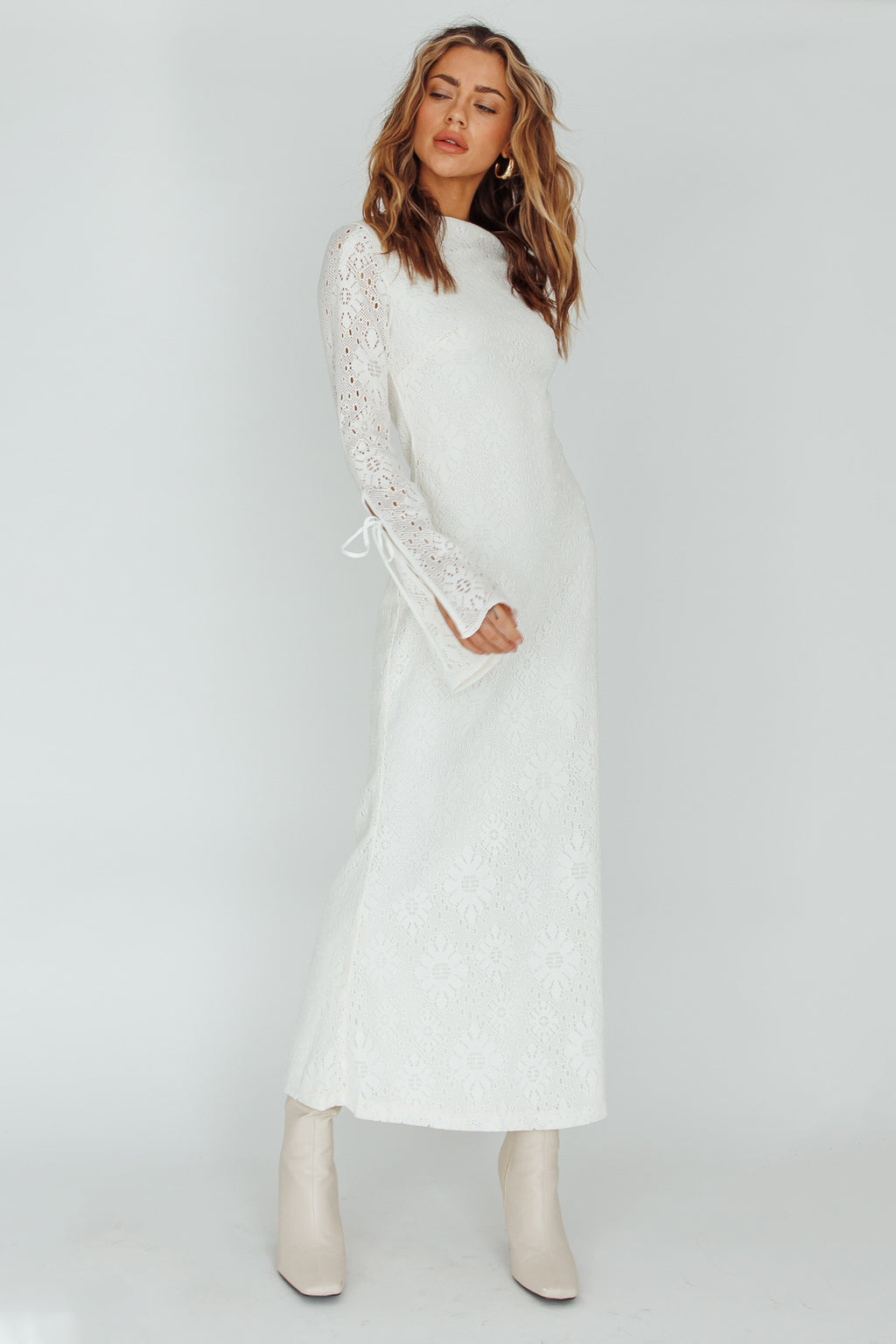 Kalia Long Sleeve Lace Midi Dress Cream by Selfie Leslie Australia