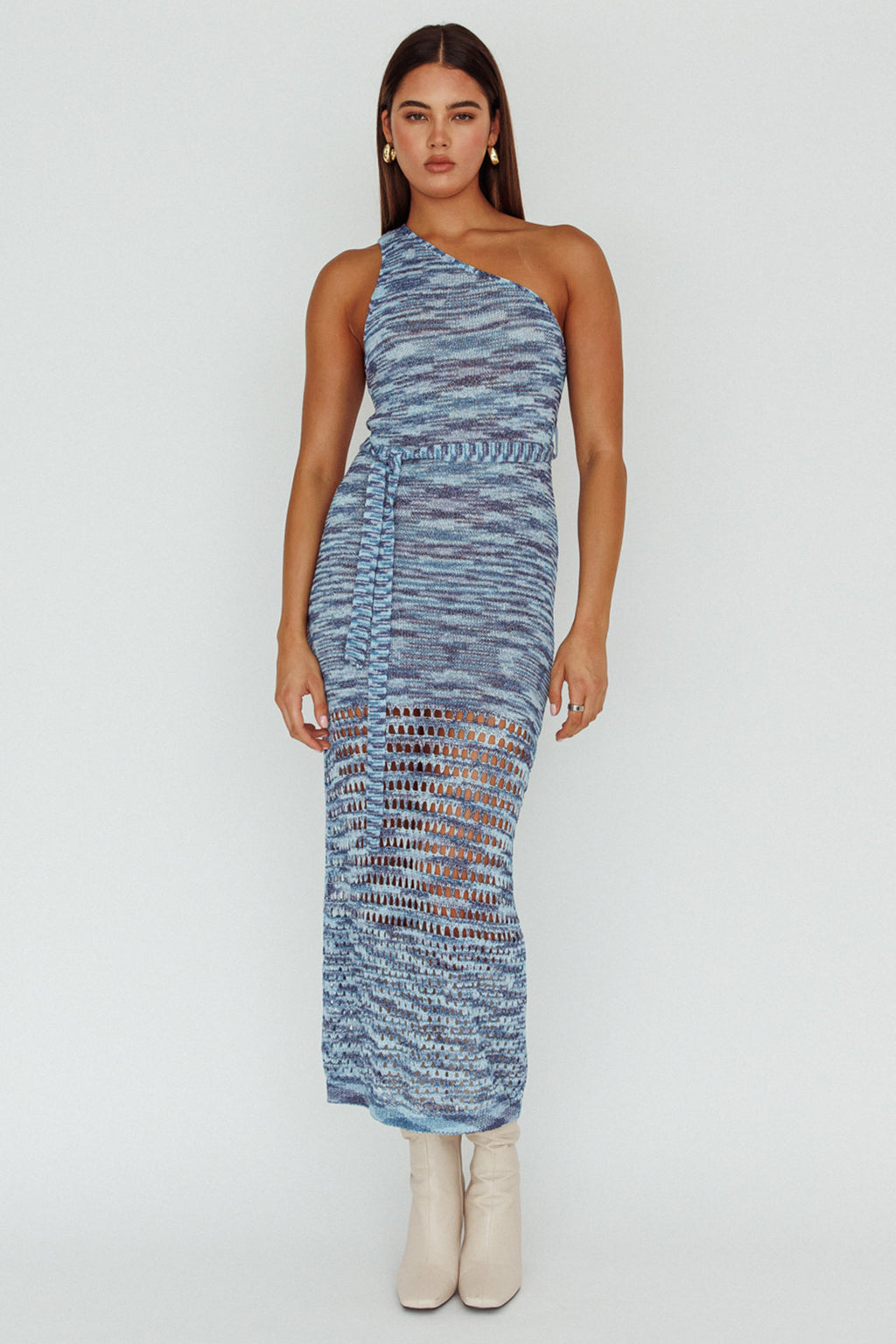 Tyanna One-Shoulder Knit Midi Dress Blue Multi by Selfie Leslie Australia