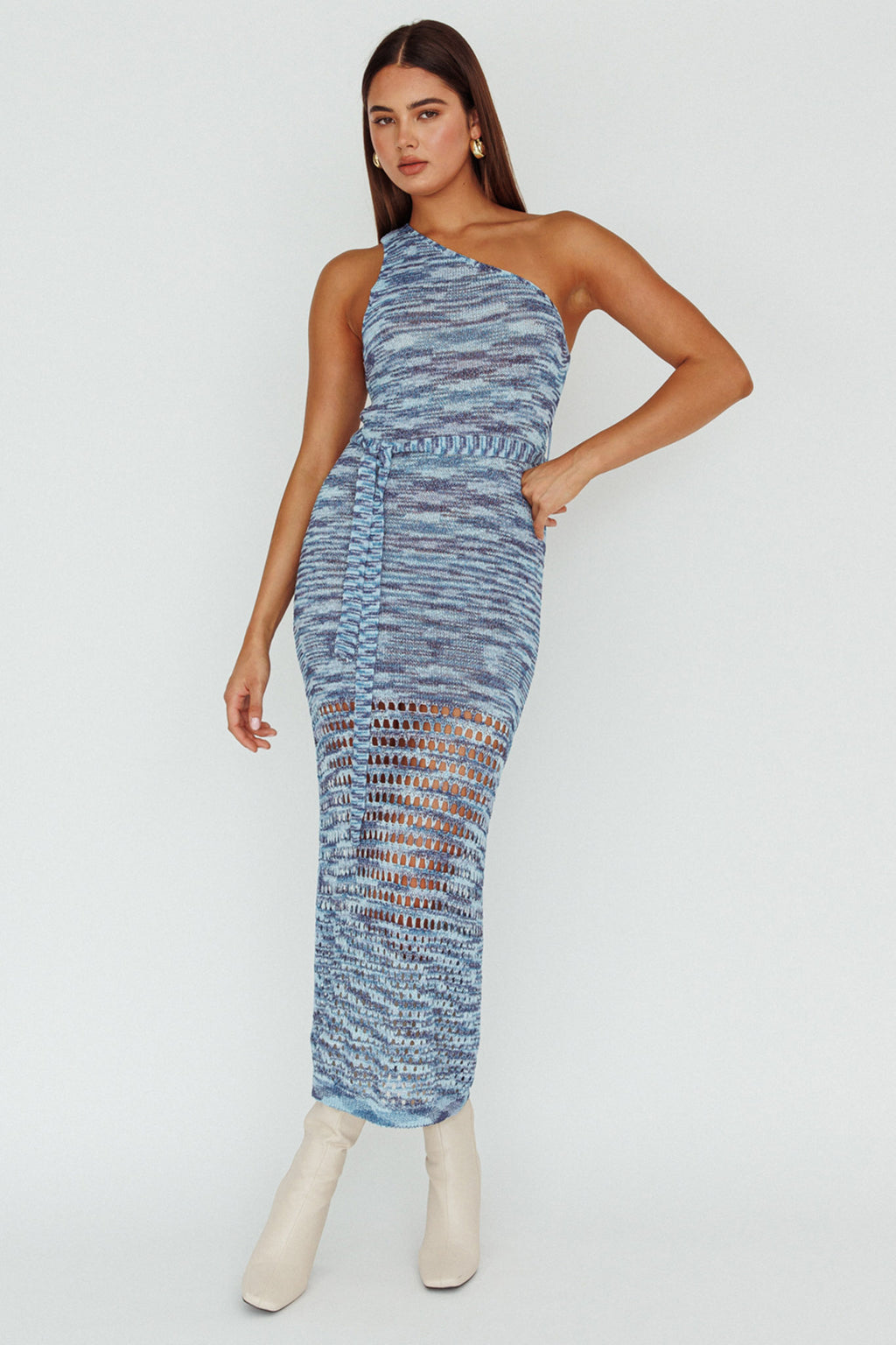 Tyanna One-Shoulder Knit Midi Dress Blue Multi by Selfie Leslie Australia