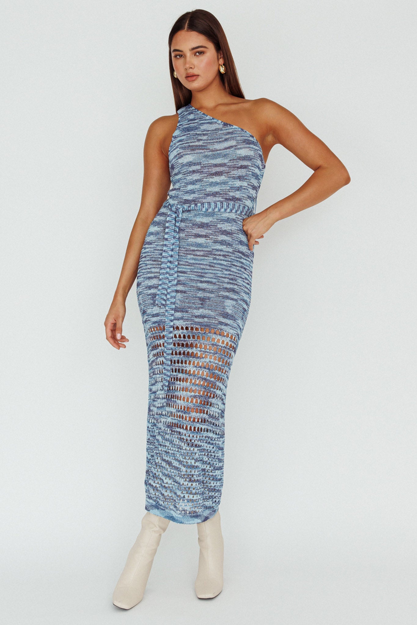 Tyanna One-Shoulder Knit Midi Dress Blue Multi by Selfie Leslie Australia