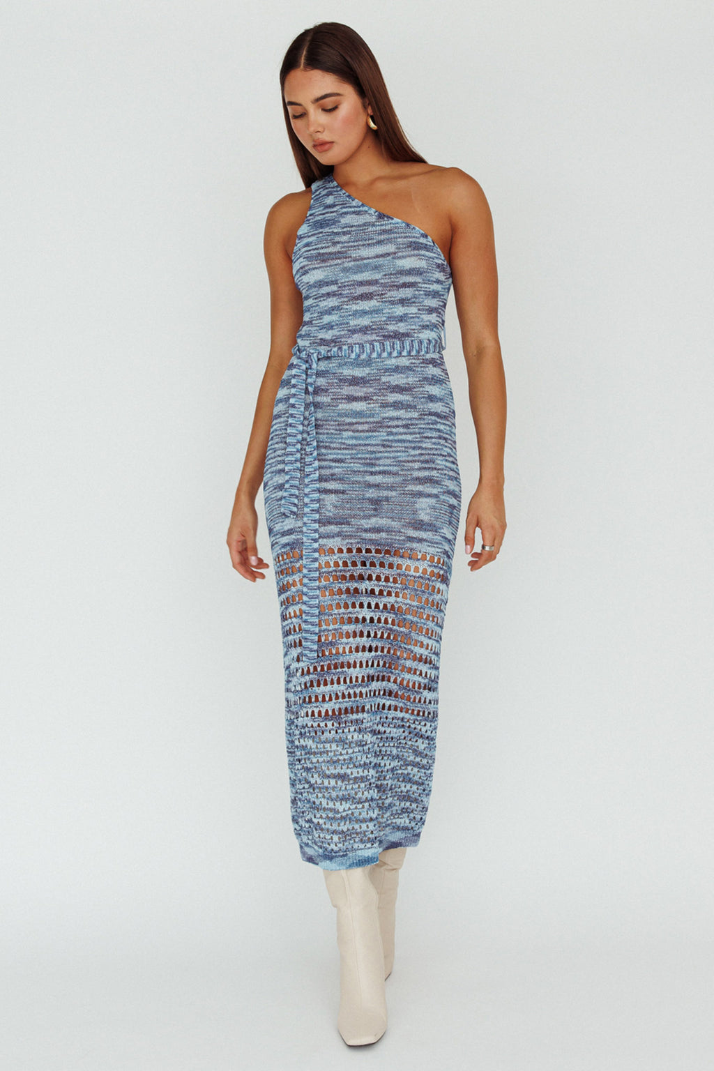 Tyanna One-Shoulder Knit Midi Dress Blue Multi by Selfie Leslie Australia