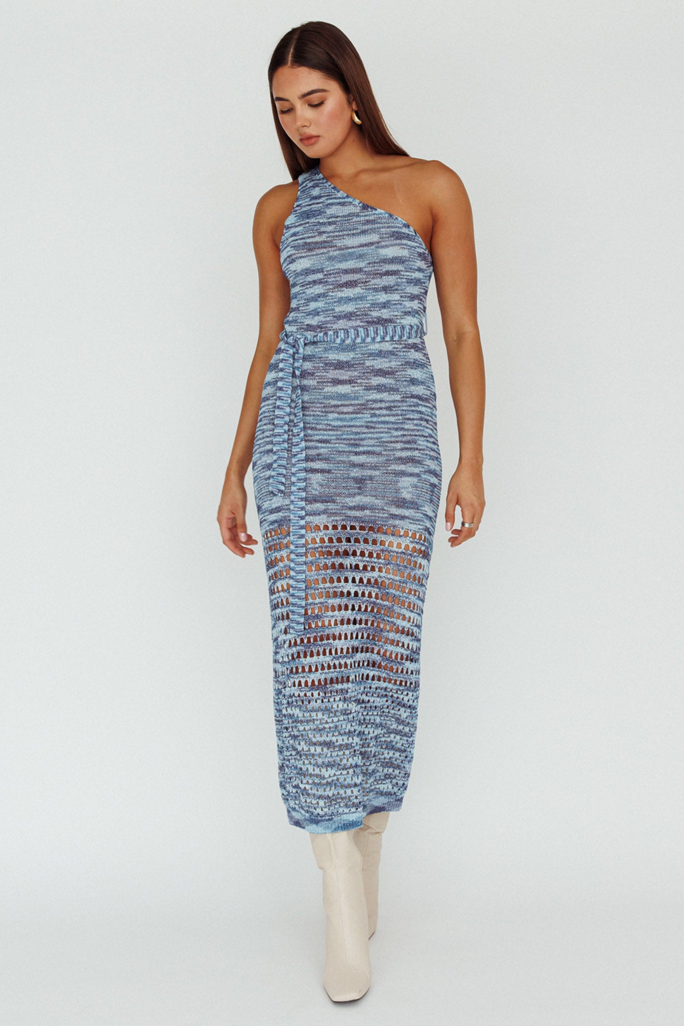 Tyanna One-Shoulder Knit Midi Dress Blue Multi by Selfie Leslie Australia