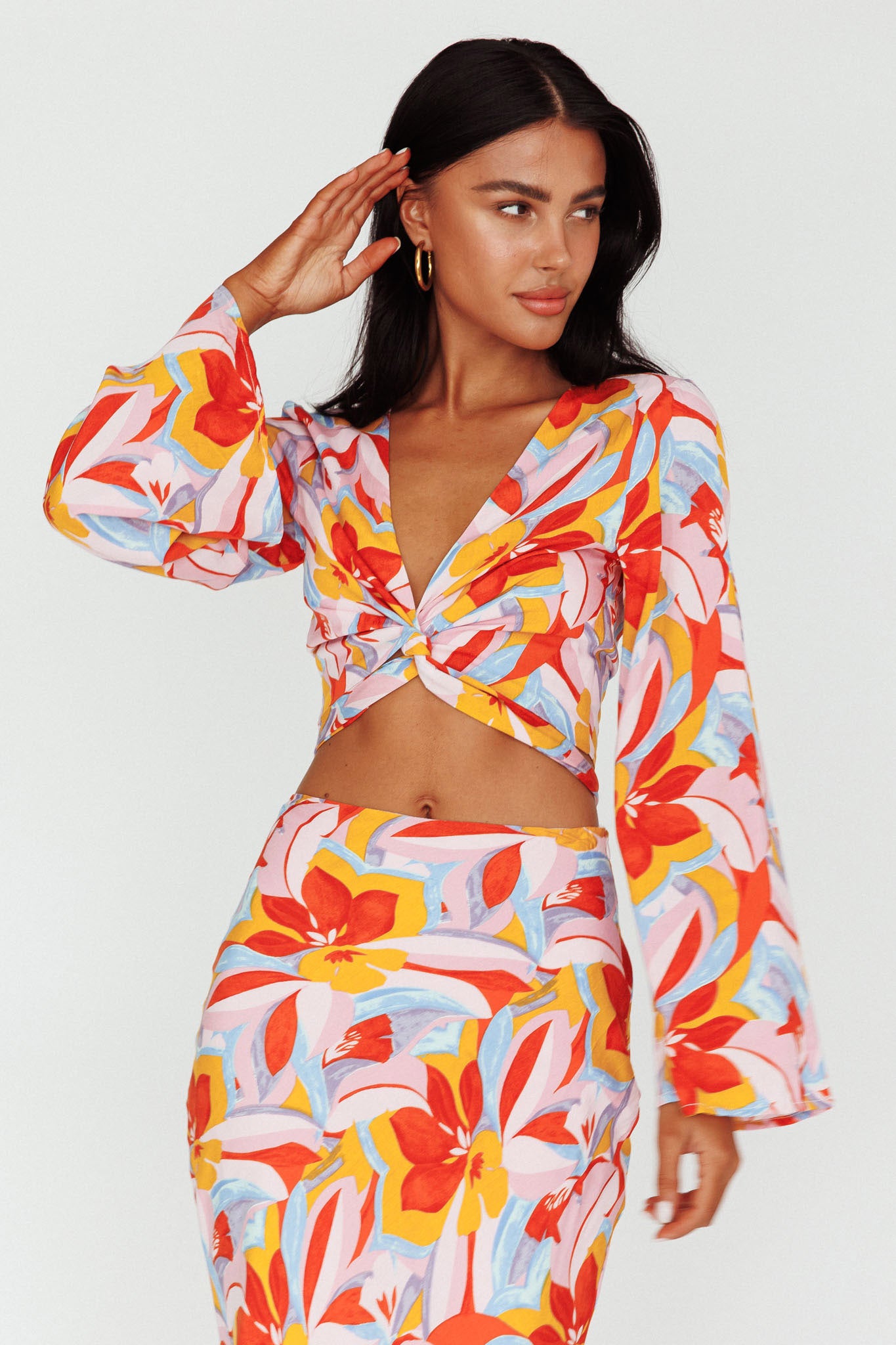 Avalo Bell Sleeve Crop Top Floral Pink by Selfie Leslie Australia
