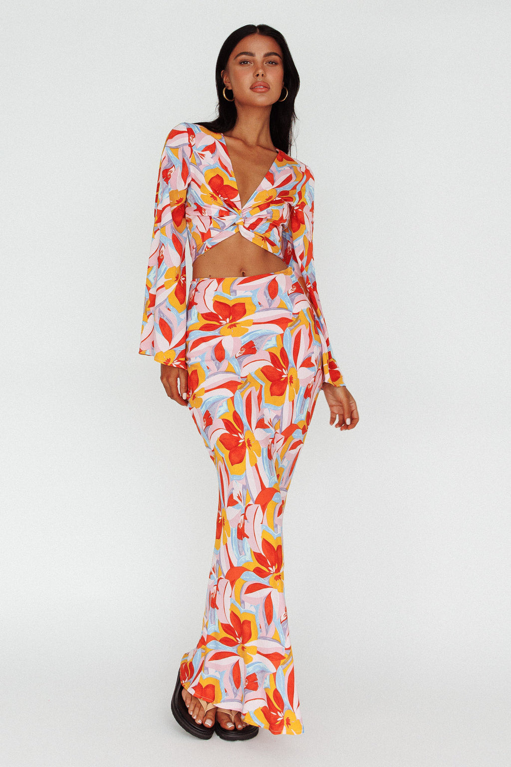 Avalo Bell Sleeve Crop Top Floral Pink by Selfie Leslie Australia