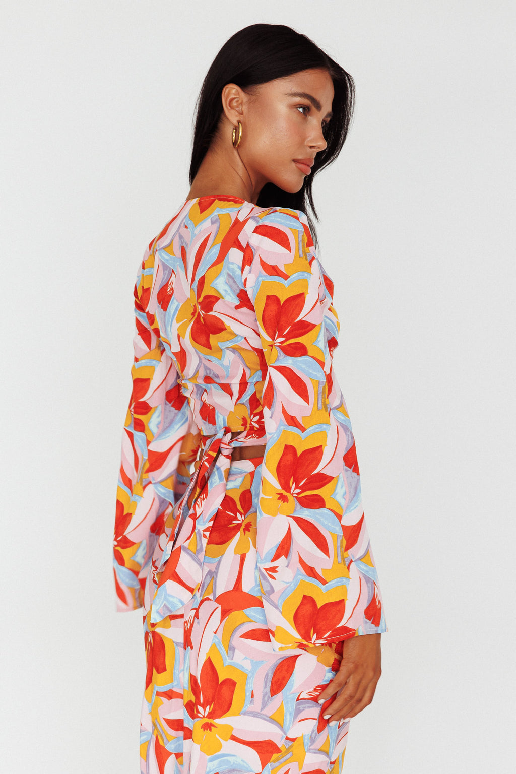 Avalo Bell Sleeve Crop Top Floral Pink by Selfie Leslie Australia