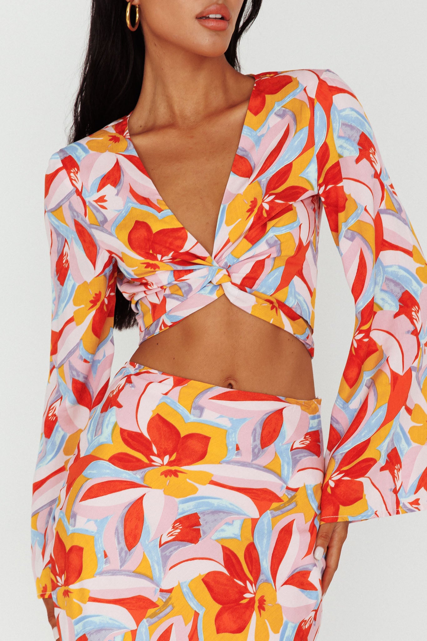 Avalo Bell Sleeve Crop Top Floral Pink by Selfie Leslie Australia