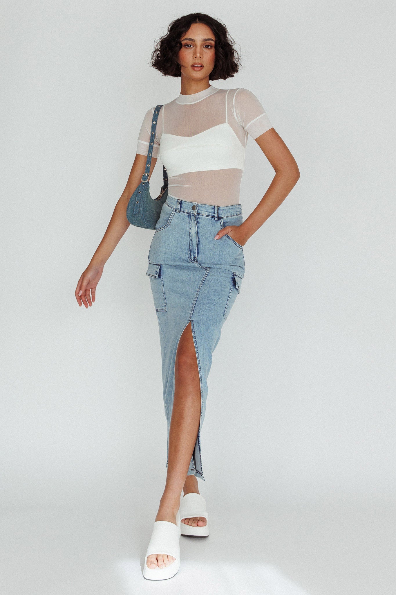 Mercury Retrograde Pocket Midi Skirt Denim by Selfie Leslie Australia