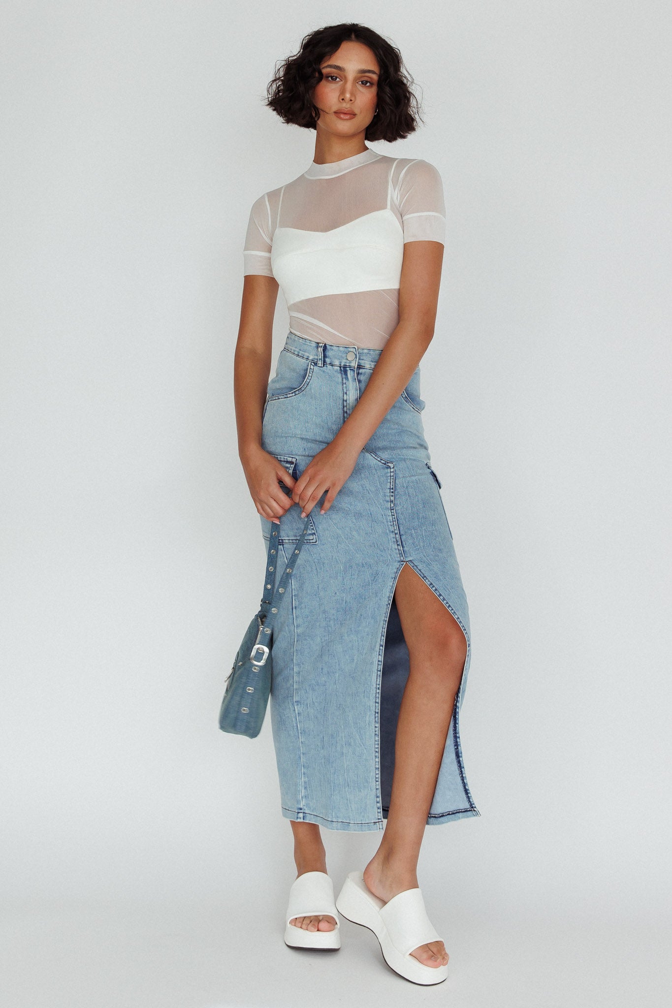 Mercury Retrograde Pocket Midi Skirt Denim by Selfie Leslie Australia