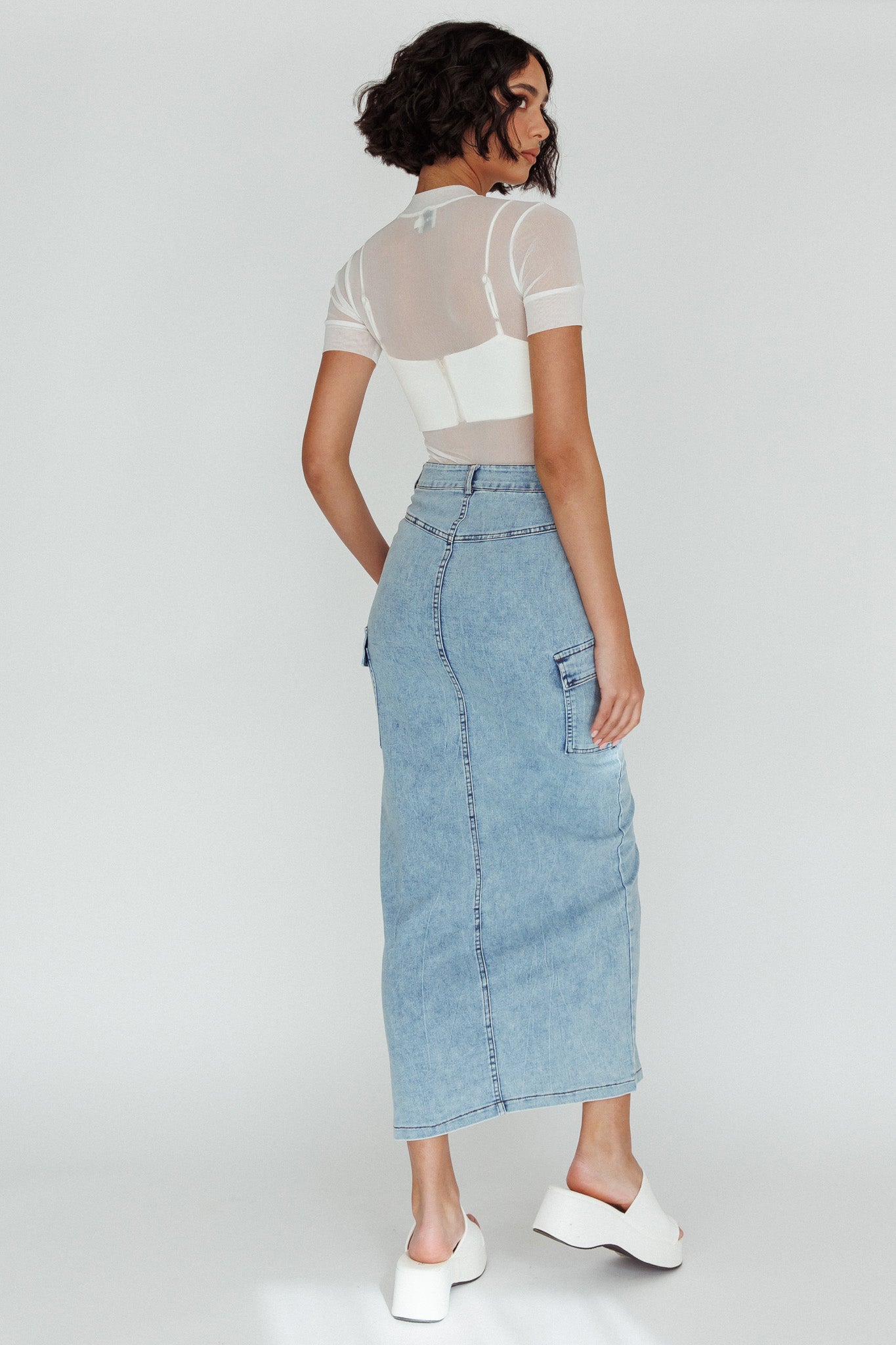 Mercury Retrograde Pocket Midi Skirt Denim by Selfie Leslie Australia