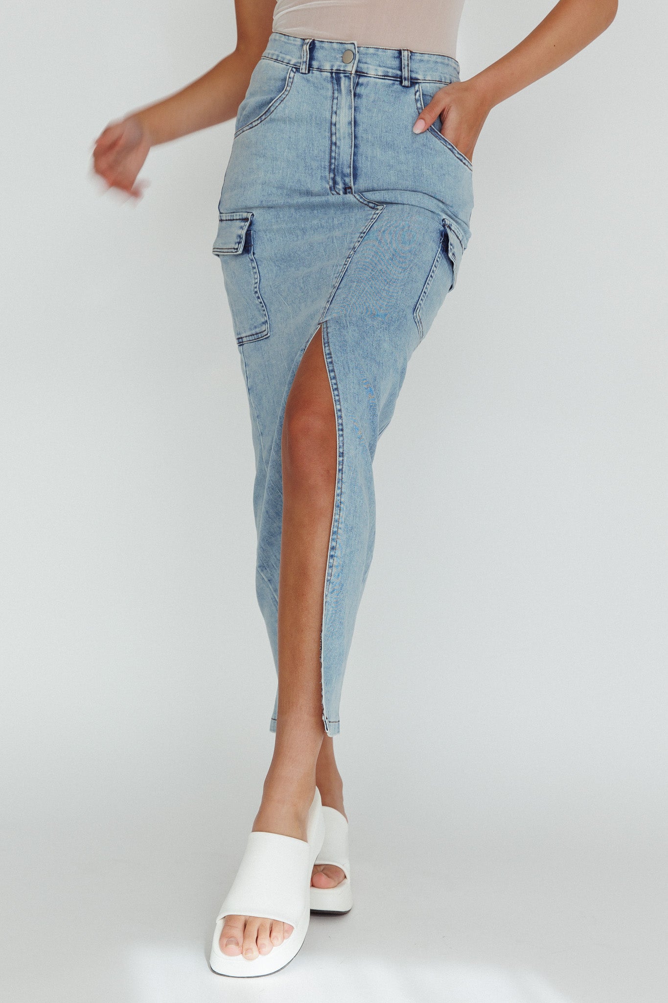 Mercury Retrograde Pocket Midi Skirt Denim by Selfie Leslie Australia