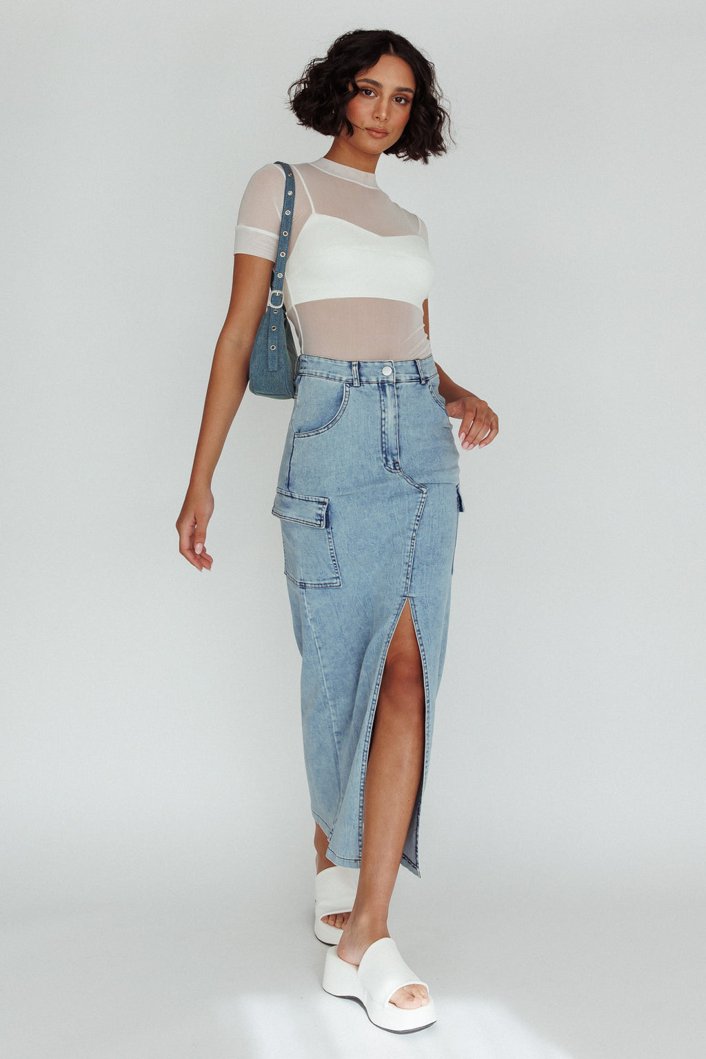 Mercury Retrograde Pocket Midi Skirt Denim by Selfie Leslie Australia