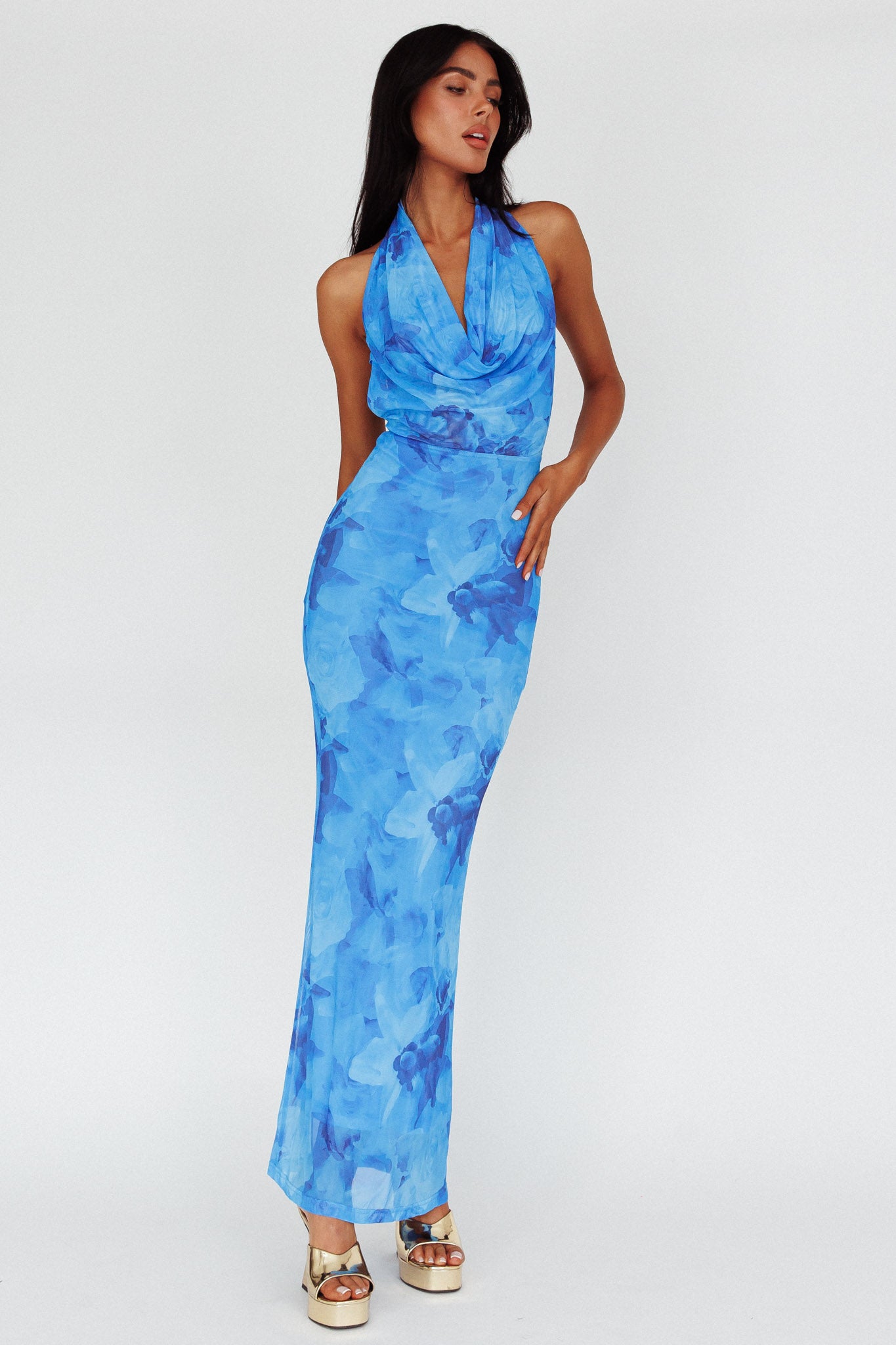 Janika Halterneck Maxi Dress Floral Blue by Selfie Leslie Australia
