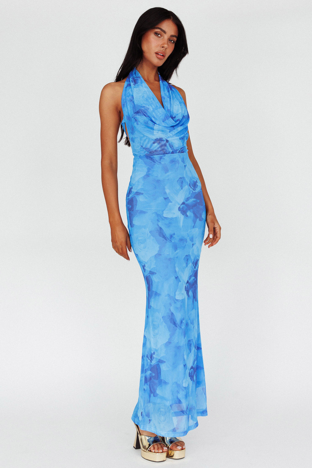 Janika Halterneck Maxi Dress Floral Blue by Selfie Leslie Australia