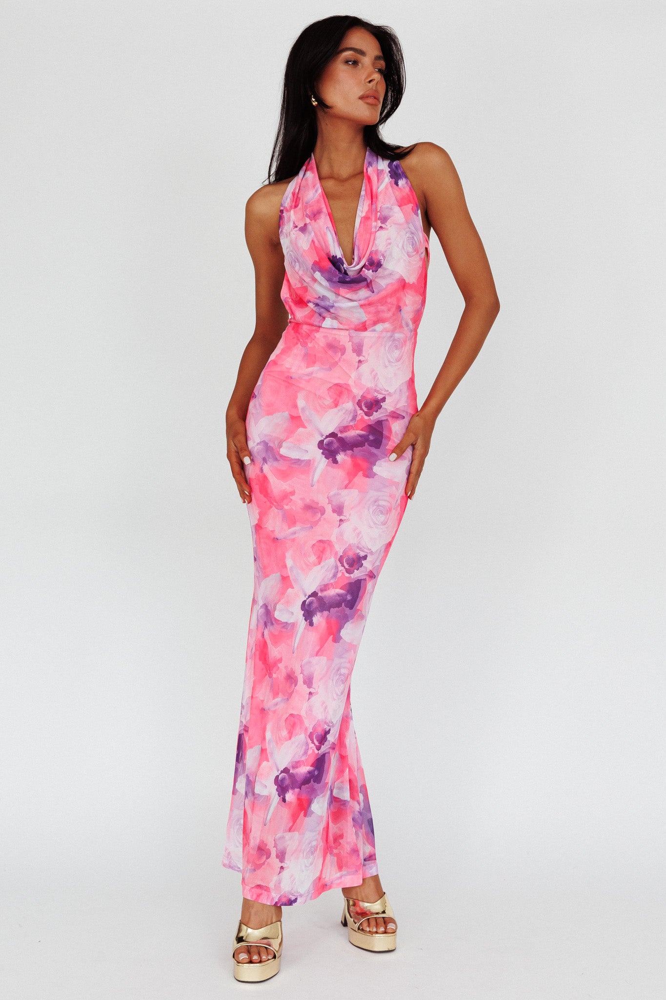 Janika Halterneck Maxi Dress Floral Pink by Selfie Leslie Australia
