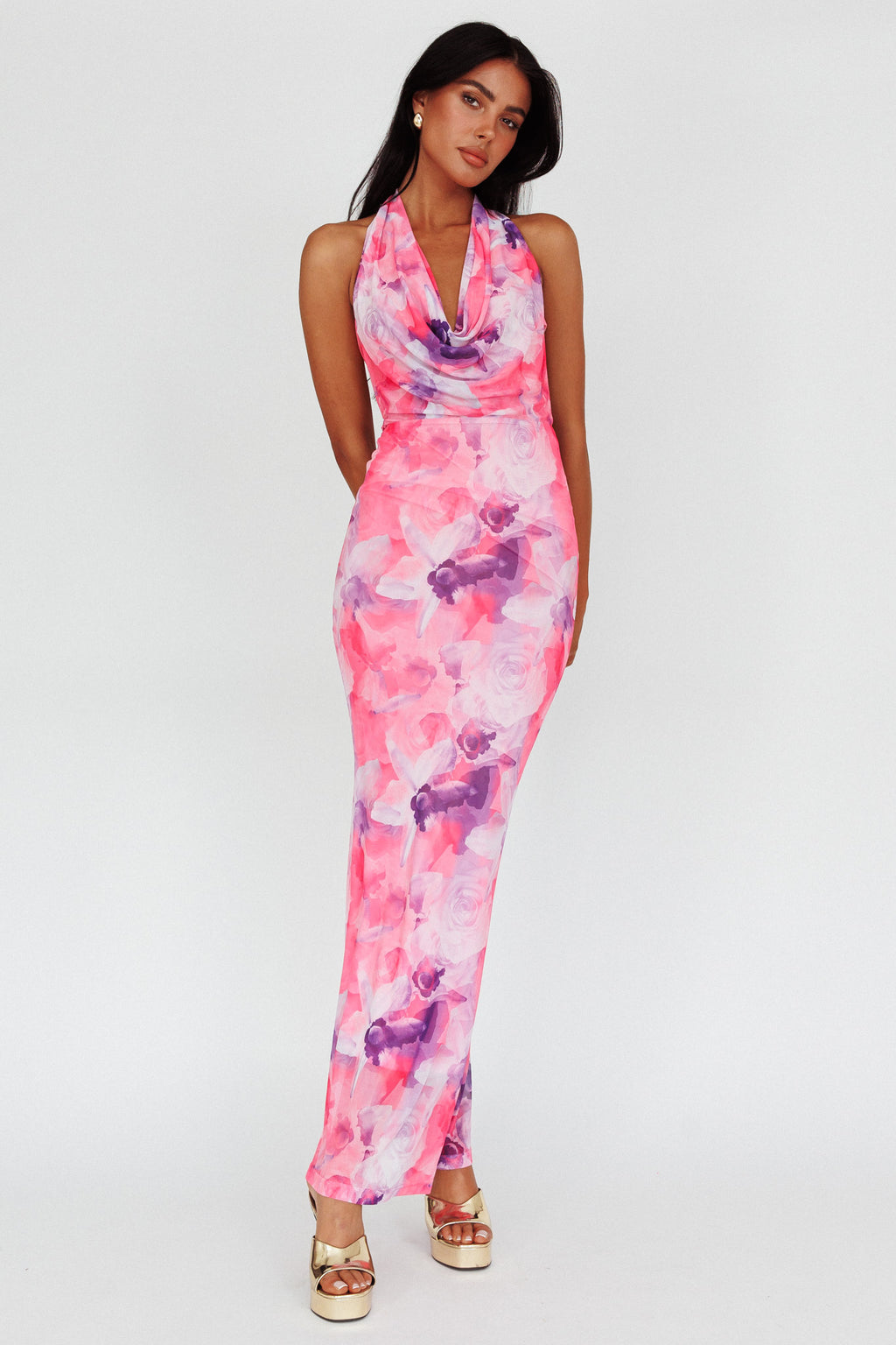 Janika Halterneck Maxi Dress Floral Pink by Selfie Leslie Australia