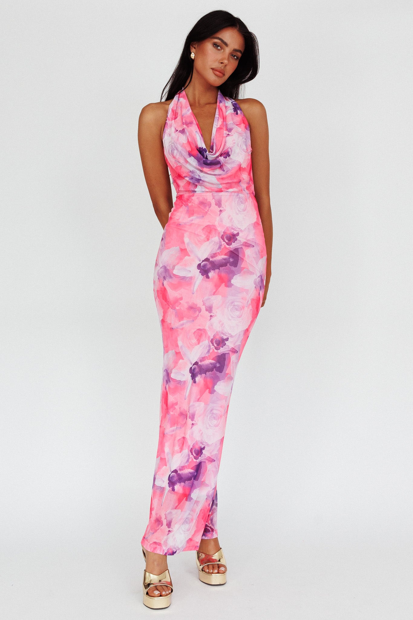 Janika Halterneck Maxi Dress Floral Pink by Selfie Leslie Australia