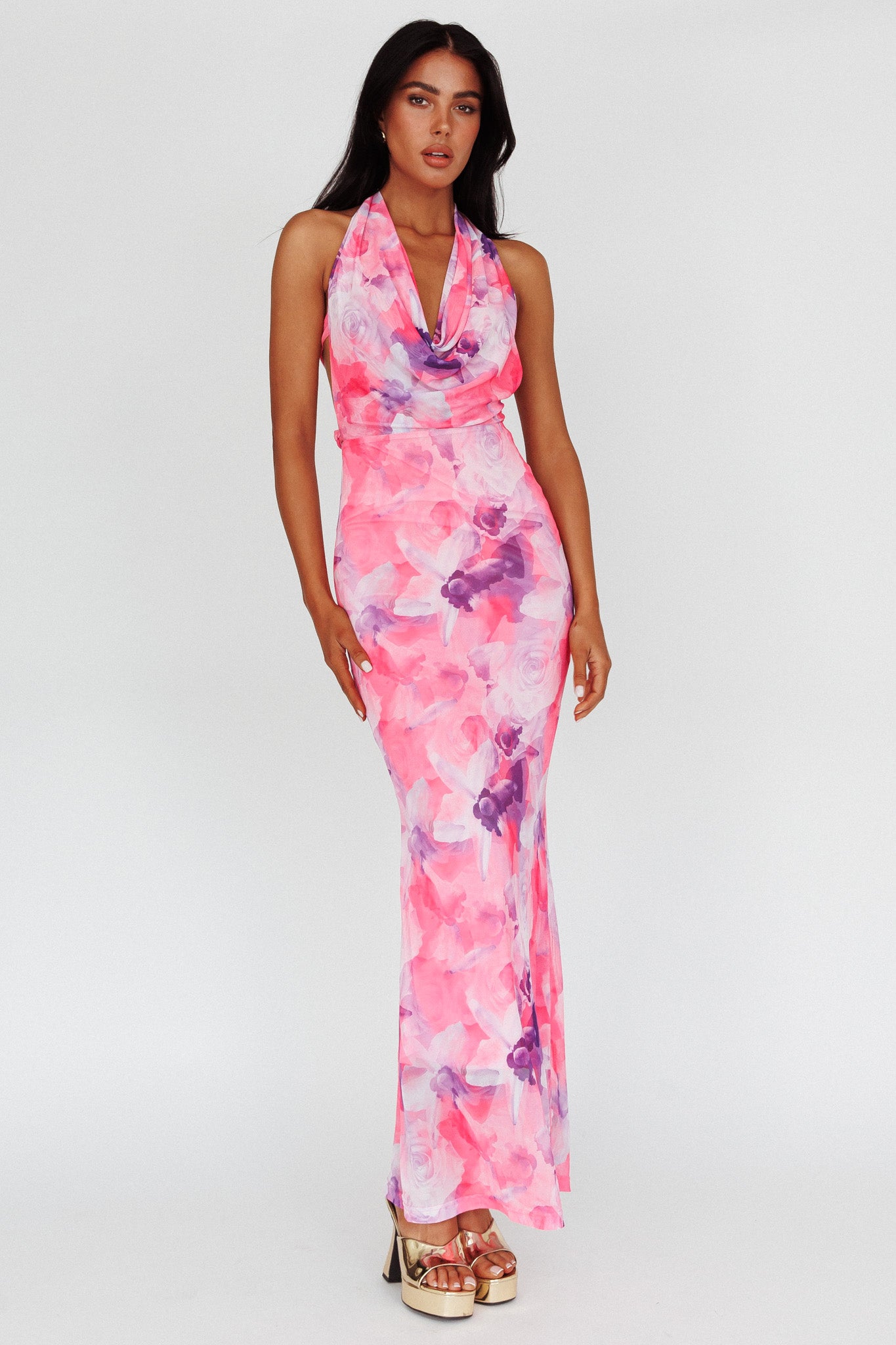 Janika Halterneck Maxi Dress Floral Pink by Selfie Leslie Australia