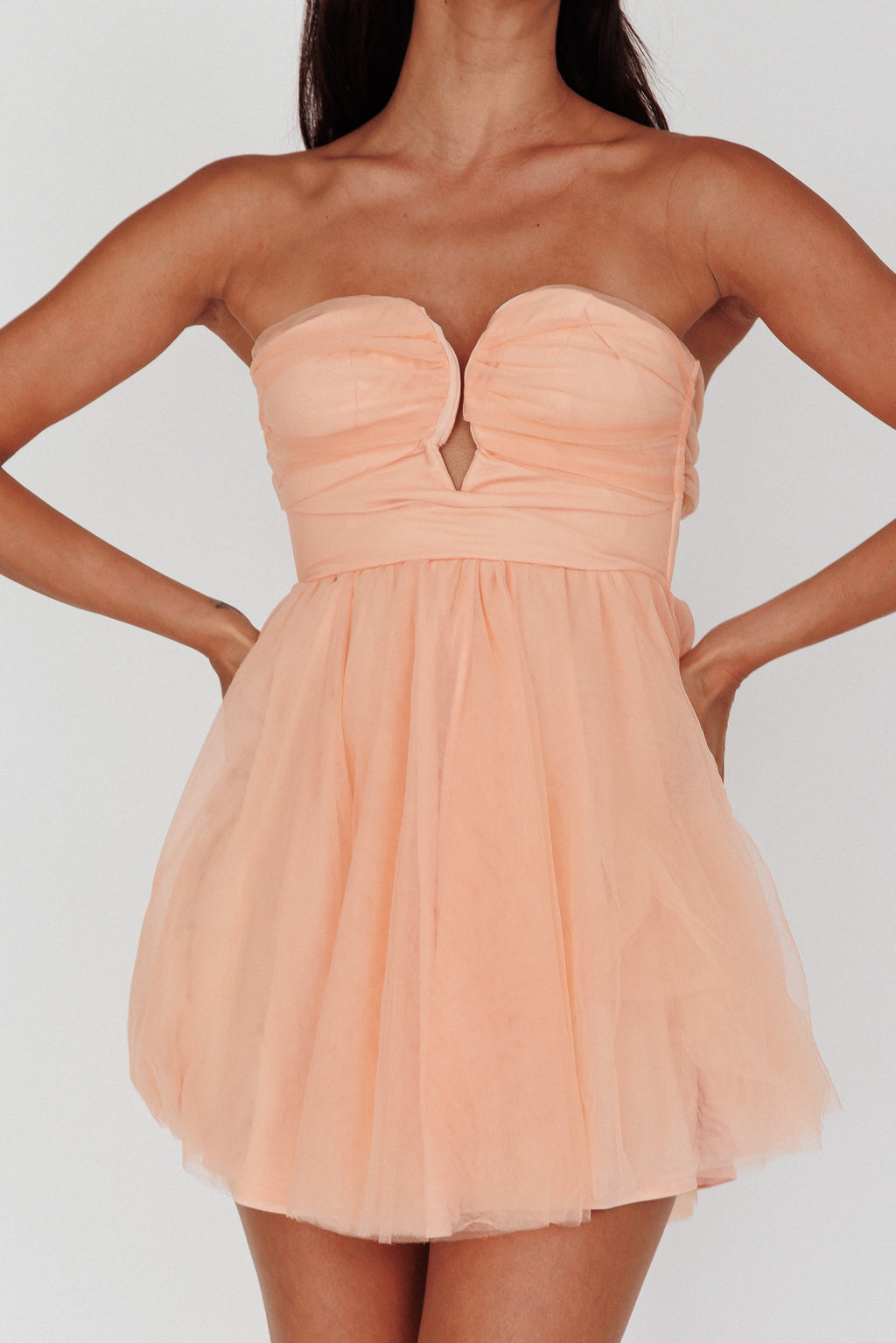 Summer Sweetheart Bow Back Mesh Mini Dress Peach by Selfie Leslie Australia