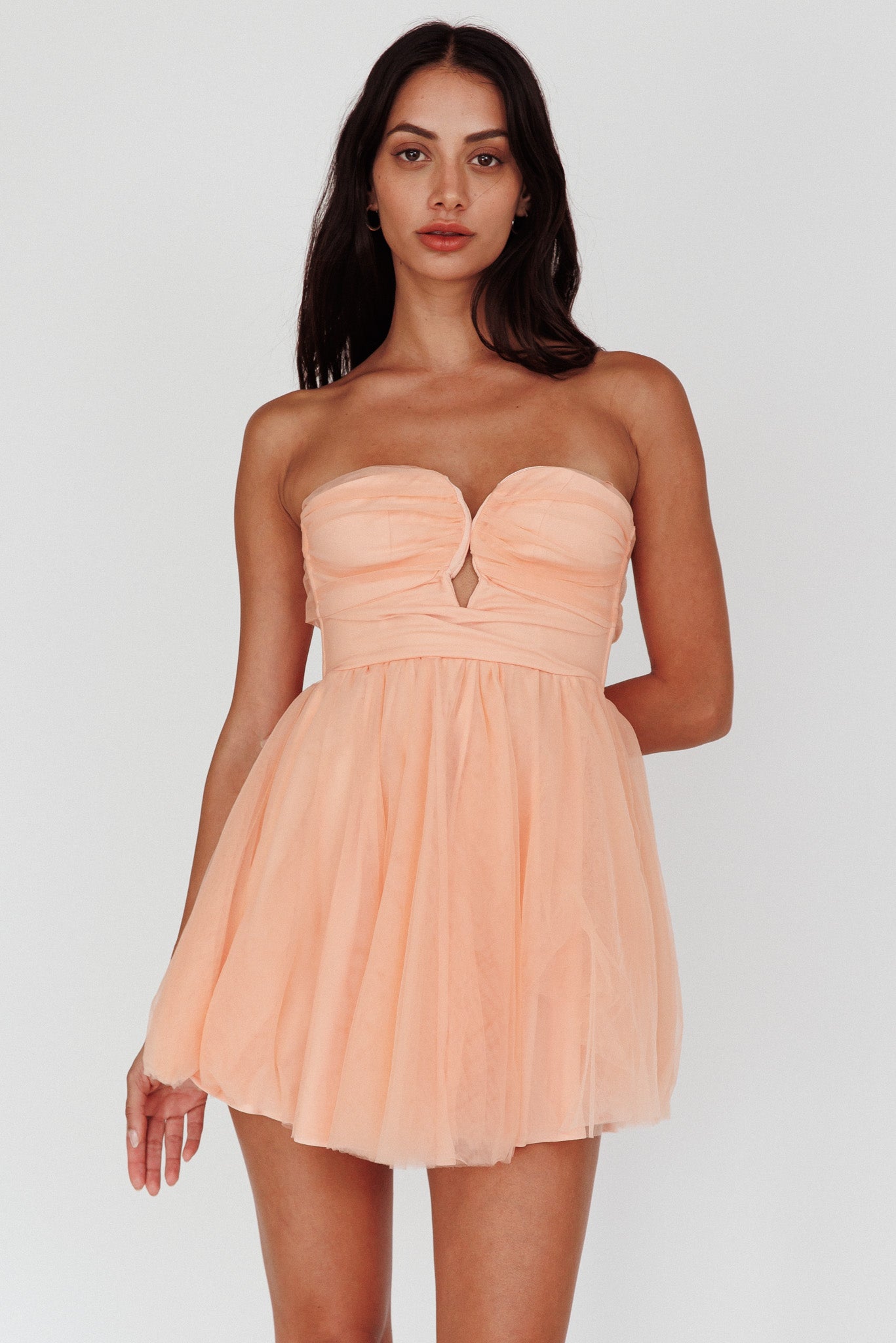 Summer Sweetheart Bow Back Mesh Mini Dress Peach by Selfie Leslie Australia