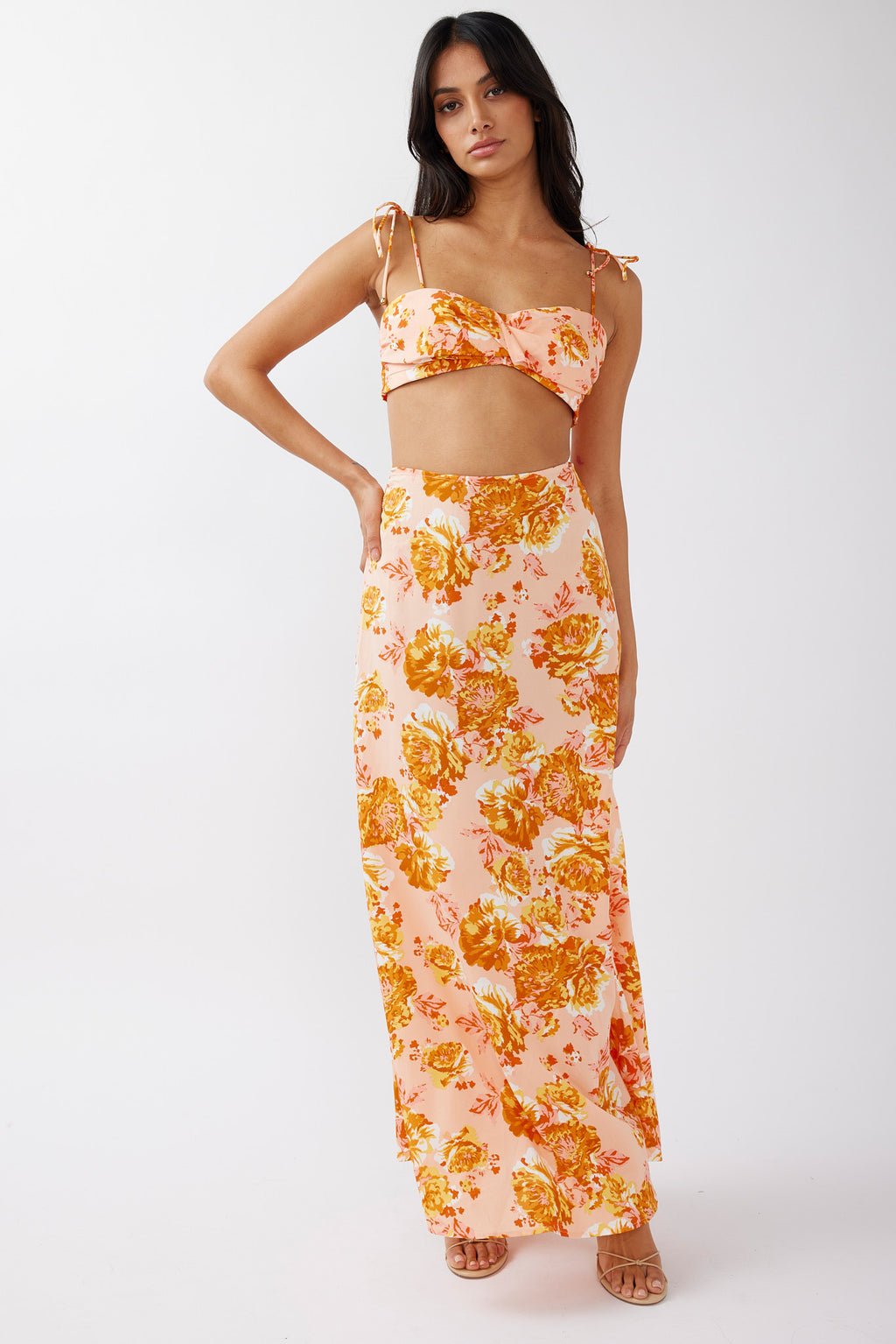 Gabbi Tied Shoulder Crop Top Floral Orange by Selfie Leslie Australia