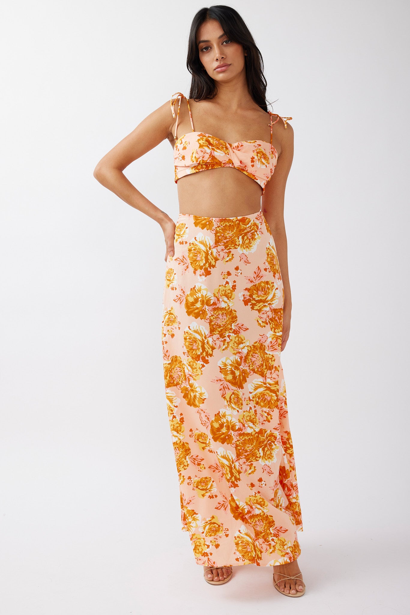 Gabbi Tied Shoulder Crop Top Floral Orange by Selfie Leslie Australia
