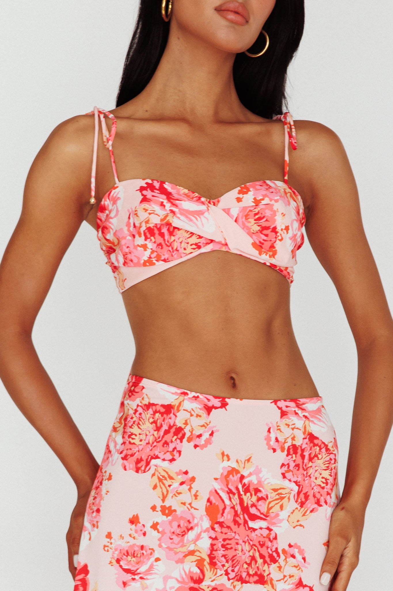 Gabbi Tied Shoulder Crop Top Floral Pink by Selfie Leslie Australia