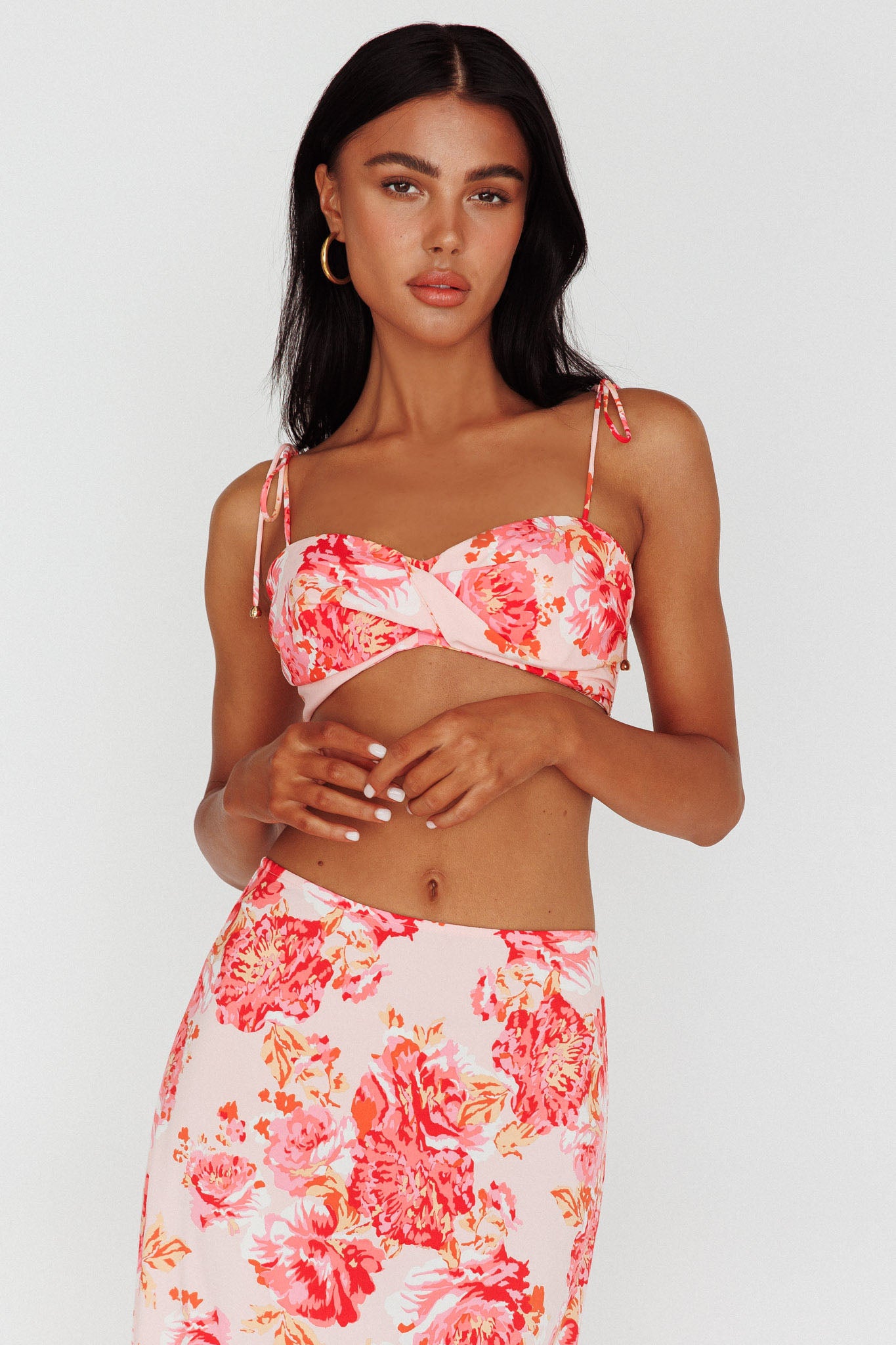 Gabbi Tied Shoulder Crop Top Floral Pink by Selfie Leslie Australia