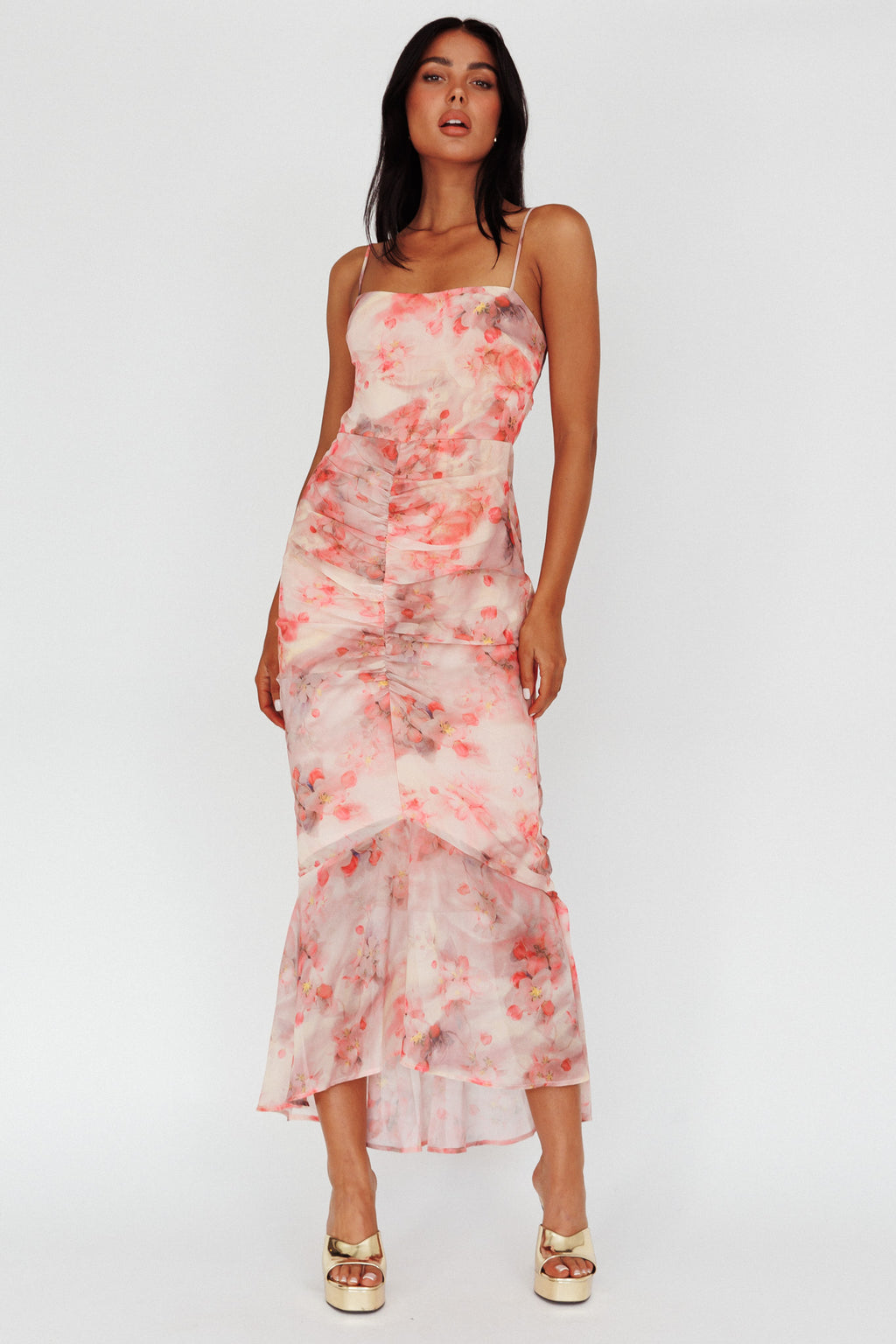 Sayna Ruched Front Midi Dress Floral Pink by Selfie Leslie Australia