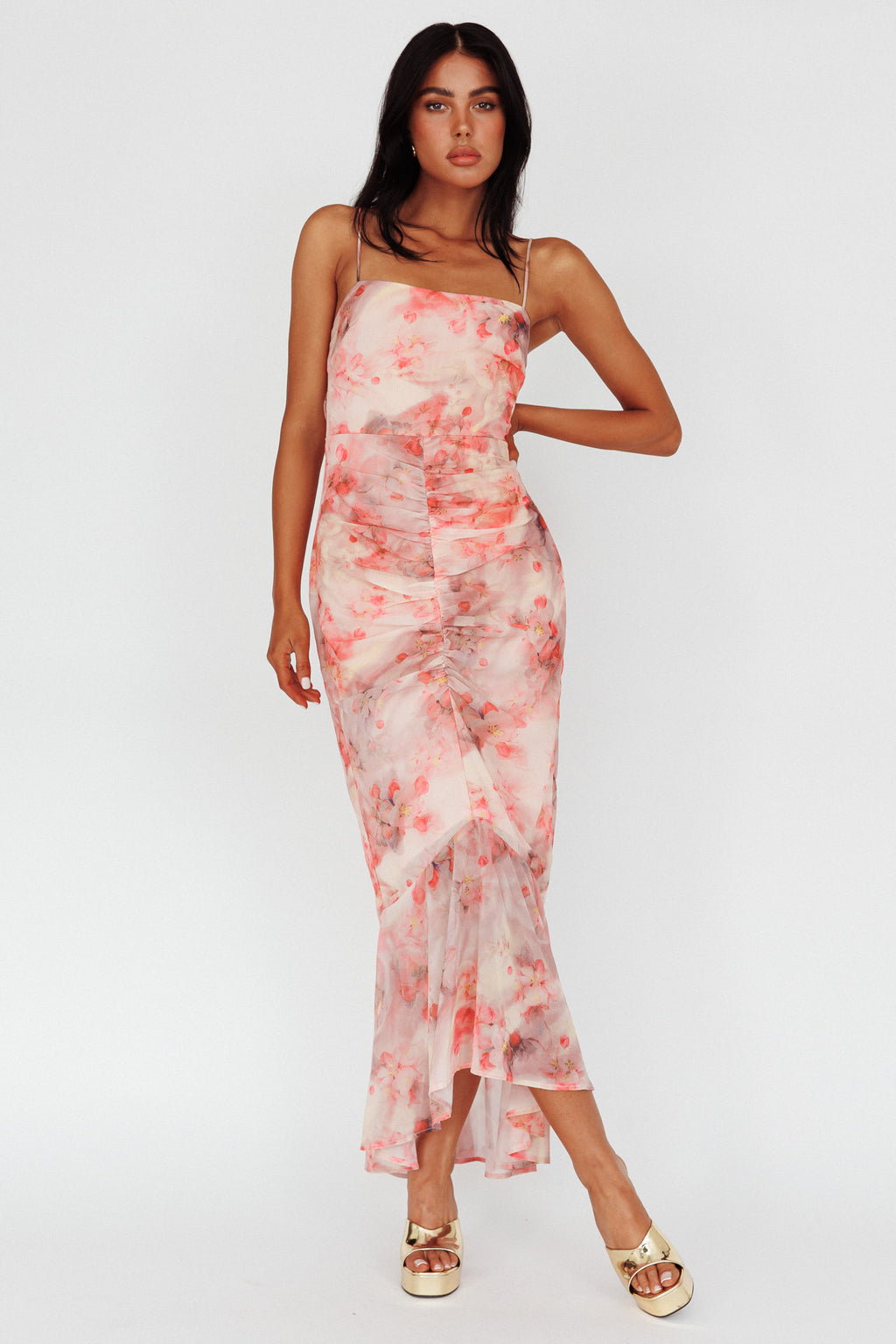 Sayna Ruched Front Midi Dress Floral Pink by Selfie Leslie Australia