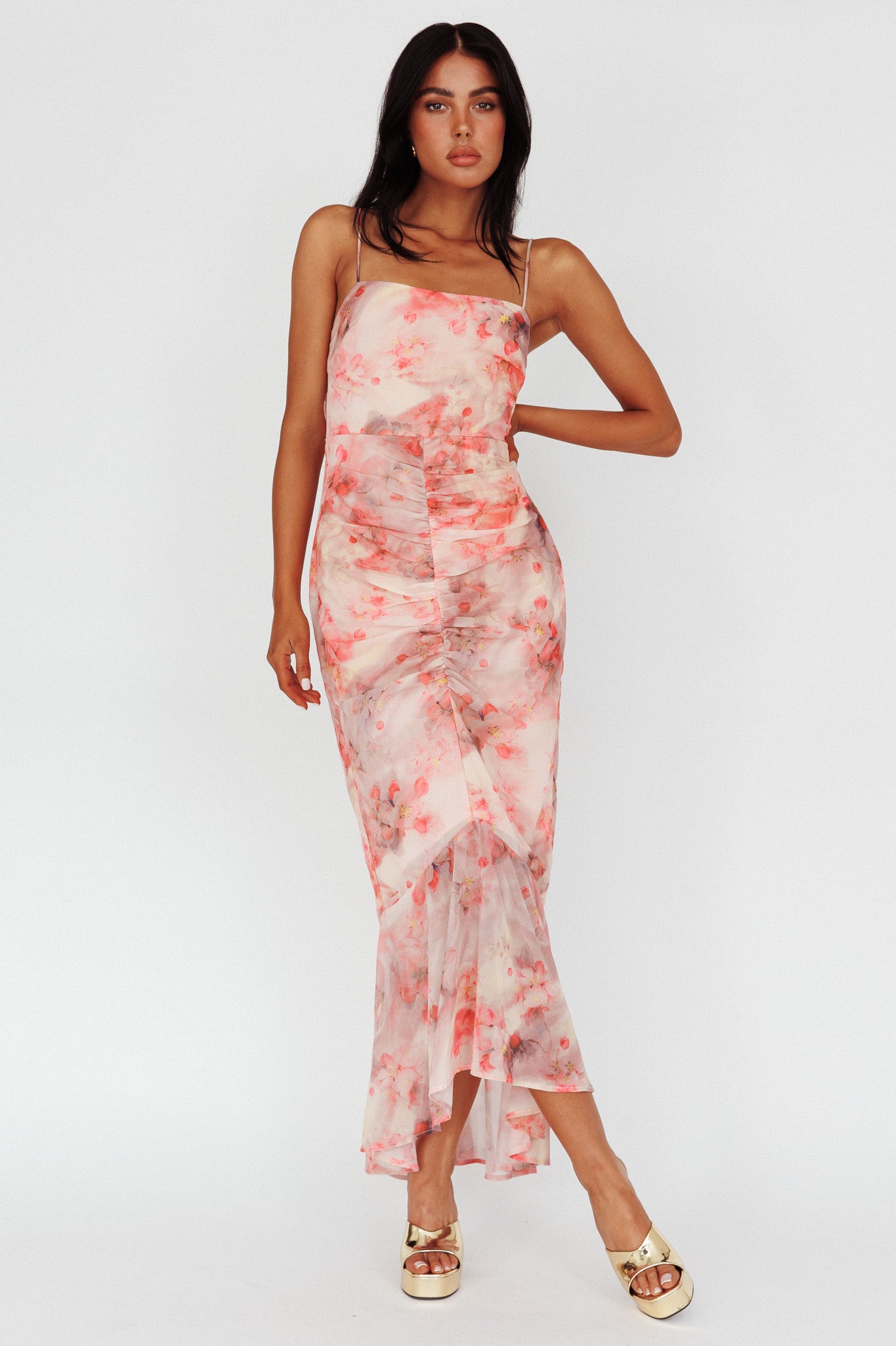 Sayna Ruched Front Midi Dress Floral Pink by Selfie Leslie Australia