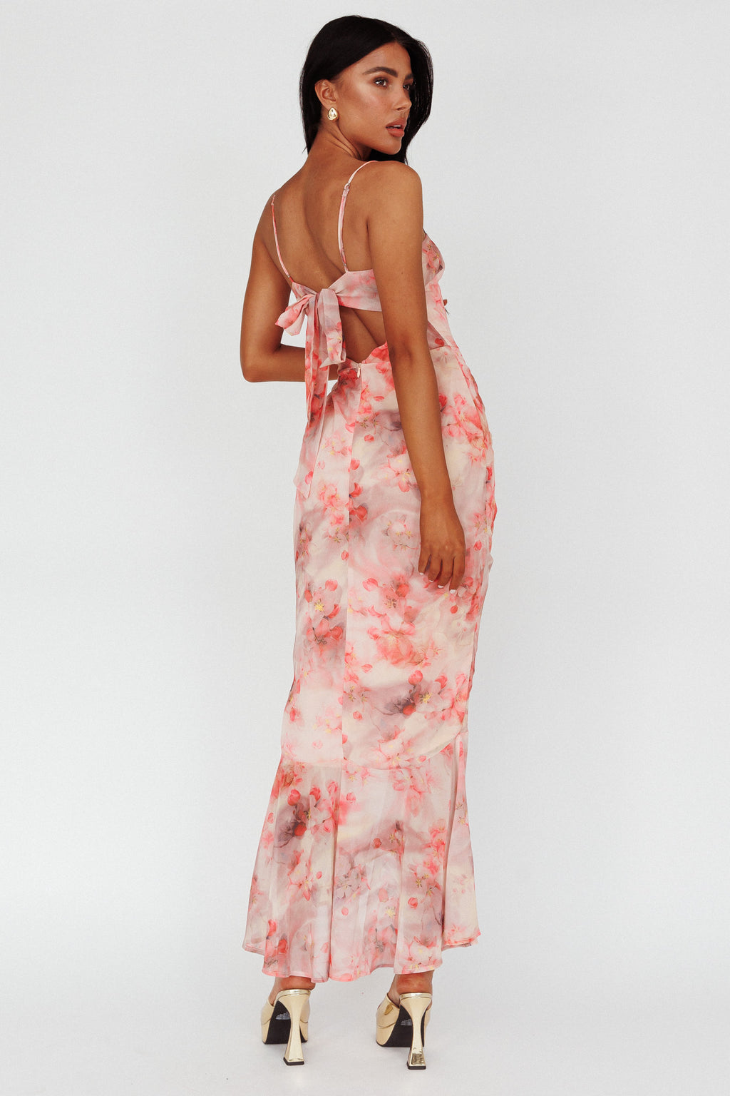 Sayna Ruched Front Midi Dress Floral Pink by Selfie Leslie Australia