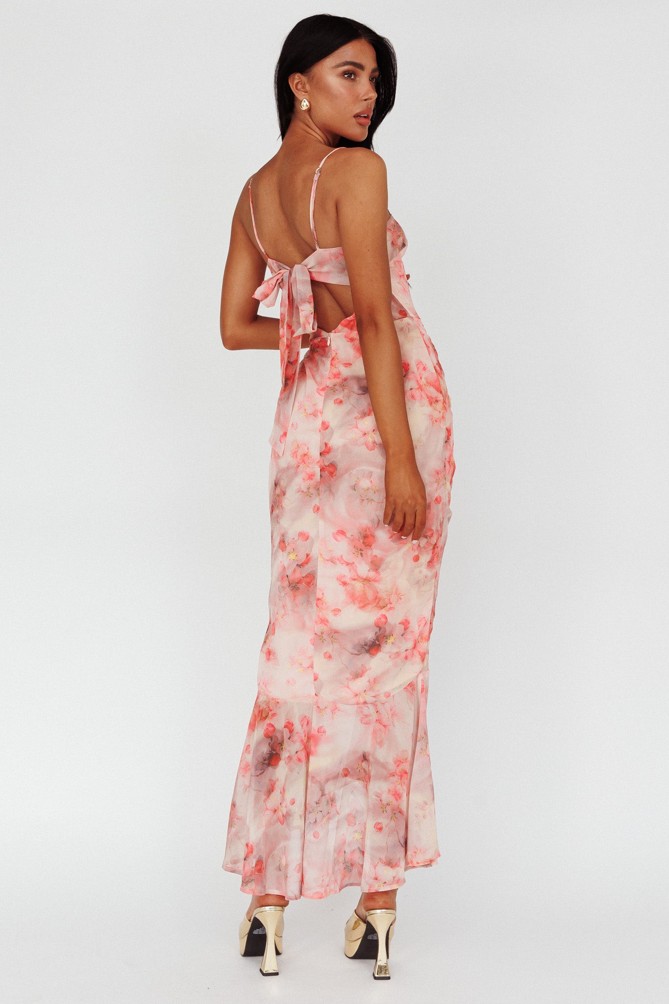 Sayna Ruched Front Midi Dress Floral Pink by Selfie Leslie Australia