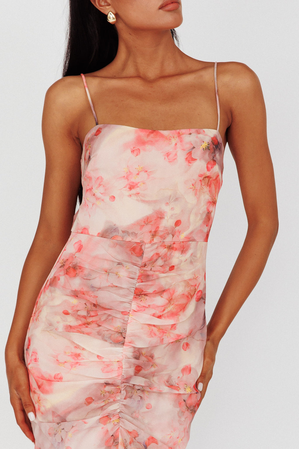 Sayna Ruched Front Midi Dress Floral Pink by Selfie Leslie Australia