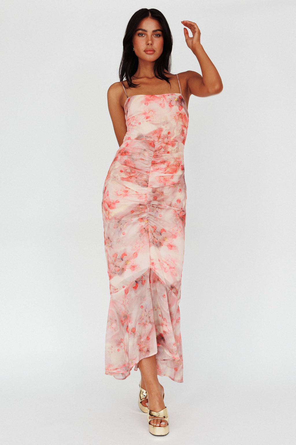 Sayna Ruched Front Midi Dress Floral Pink by Selfie Leslie Australia